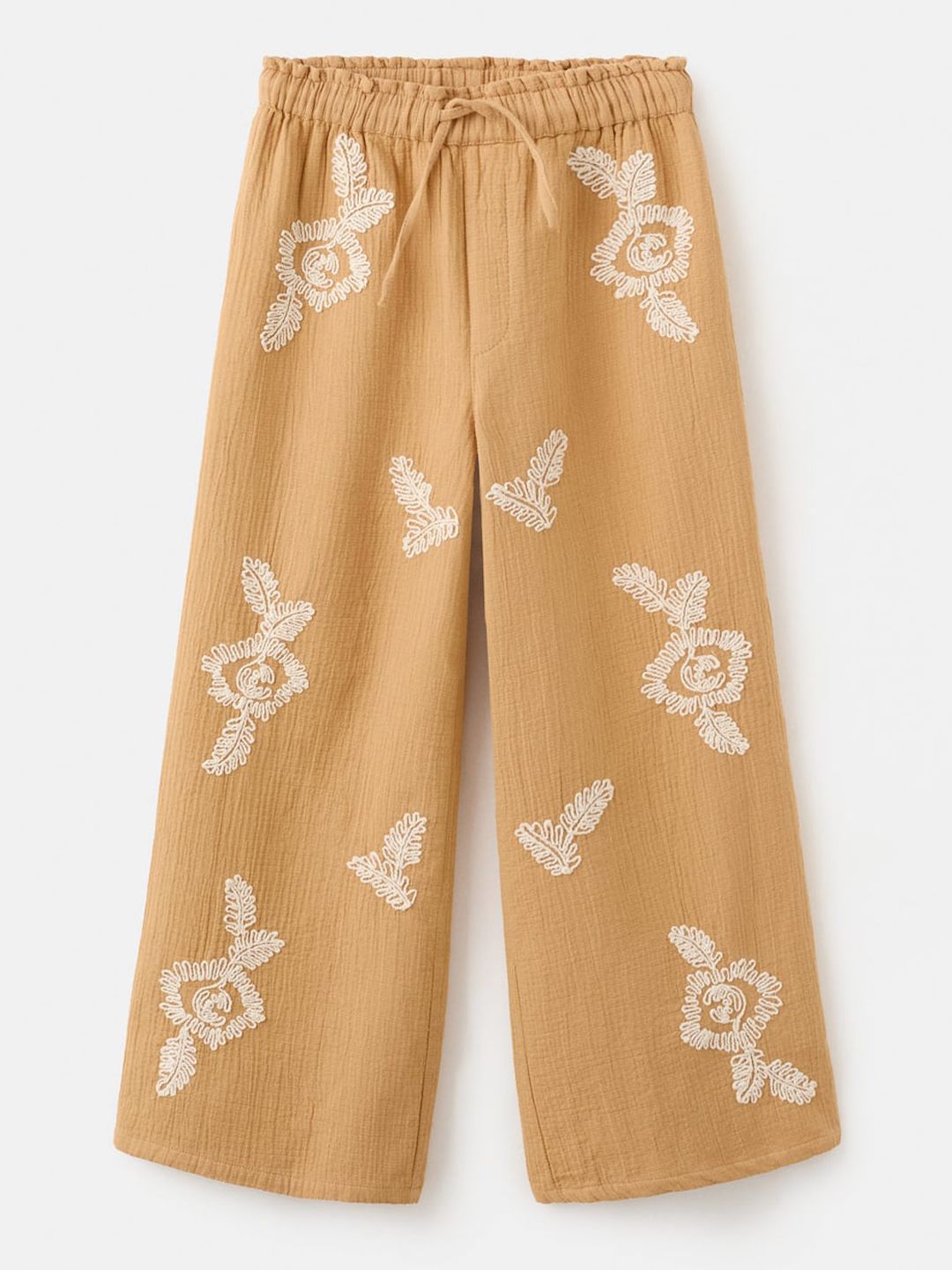 Mango Kids Girls Pure Cotton Floral Embroidered Textured Trousers