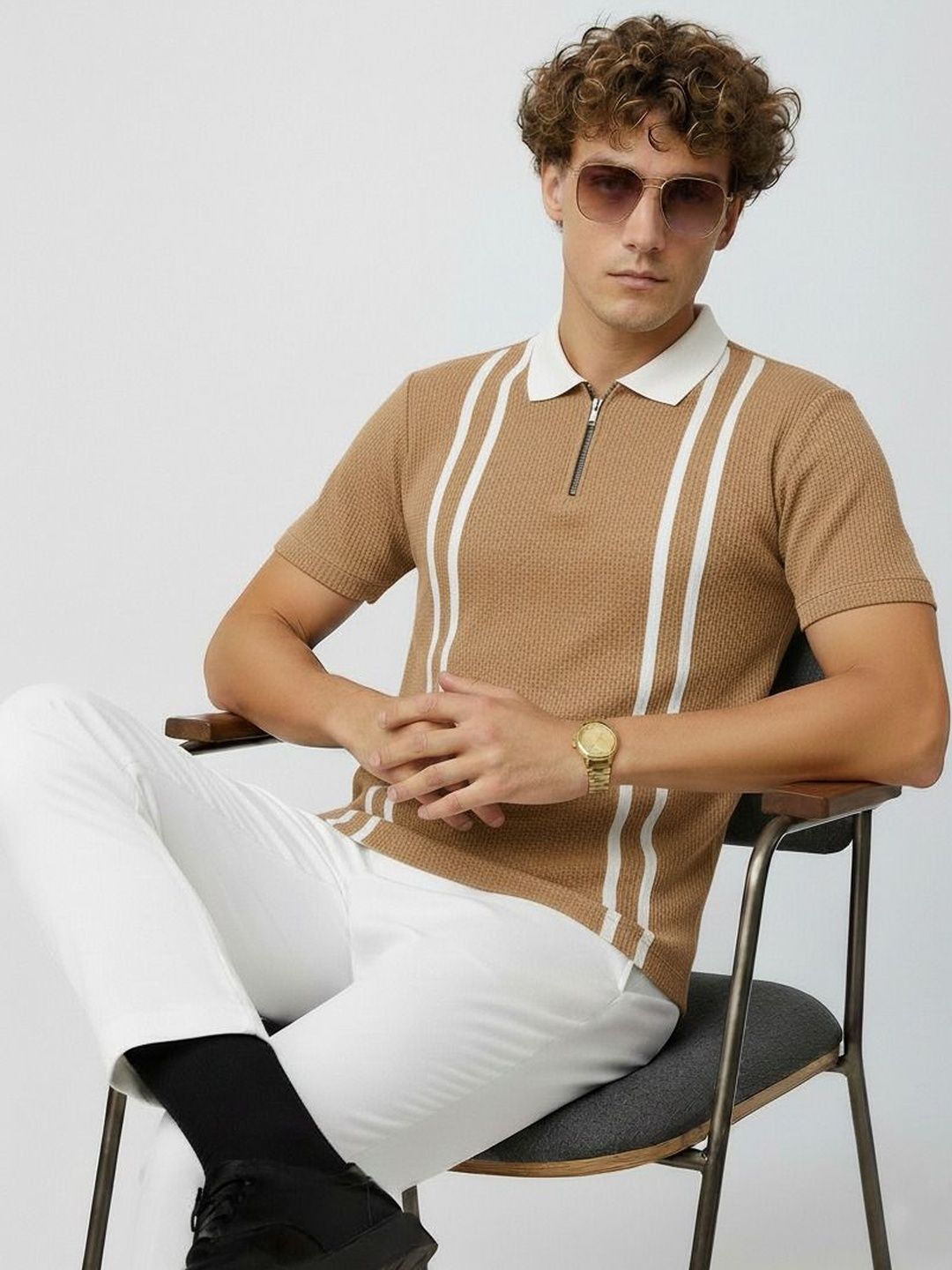 R.Code by The Roadster Life Co. Men Striped Polo Collar T-shirt