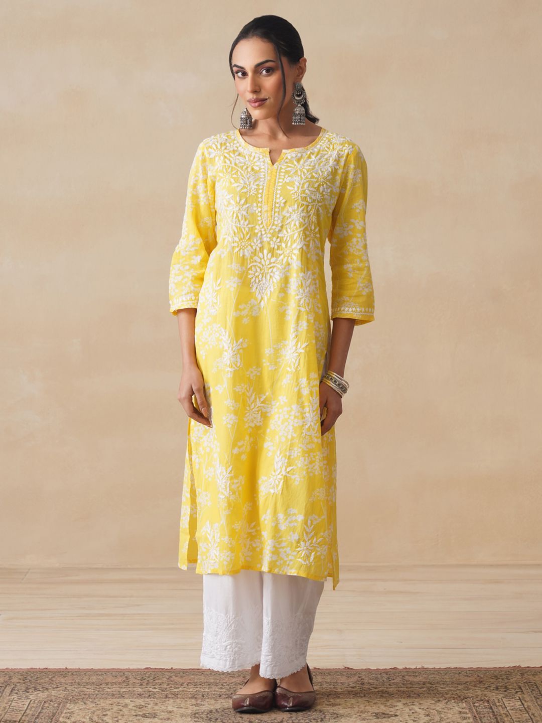 Women Chikankari Kurta House of Chikankari Women Yellow Mulmul Chikankari Embroidered Kurta