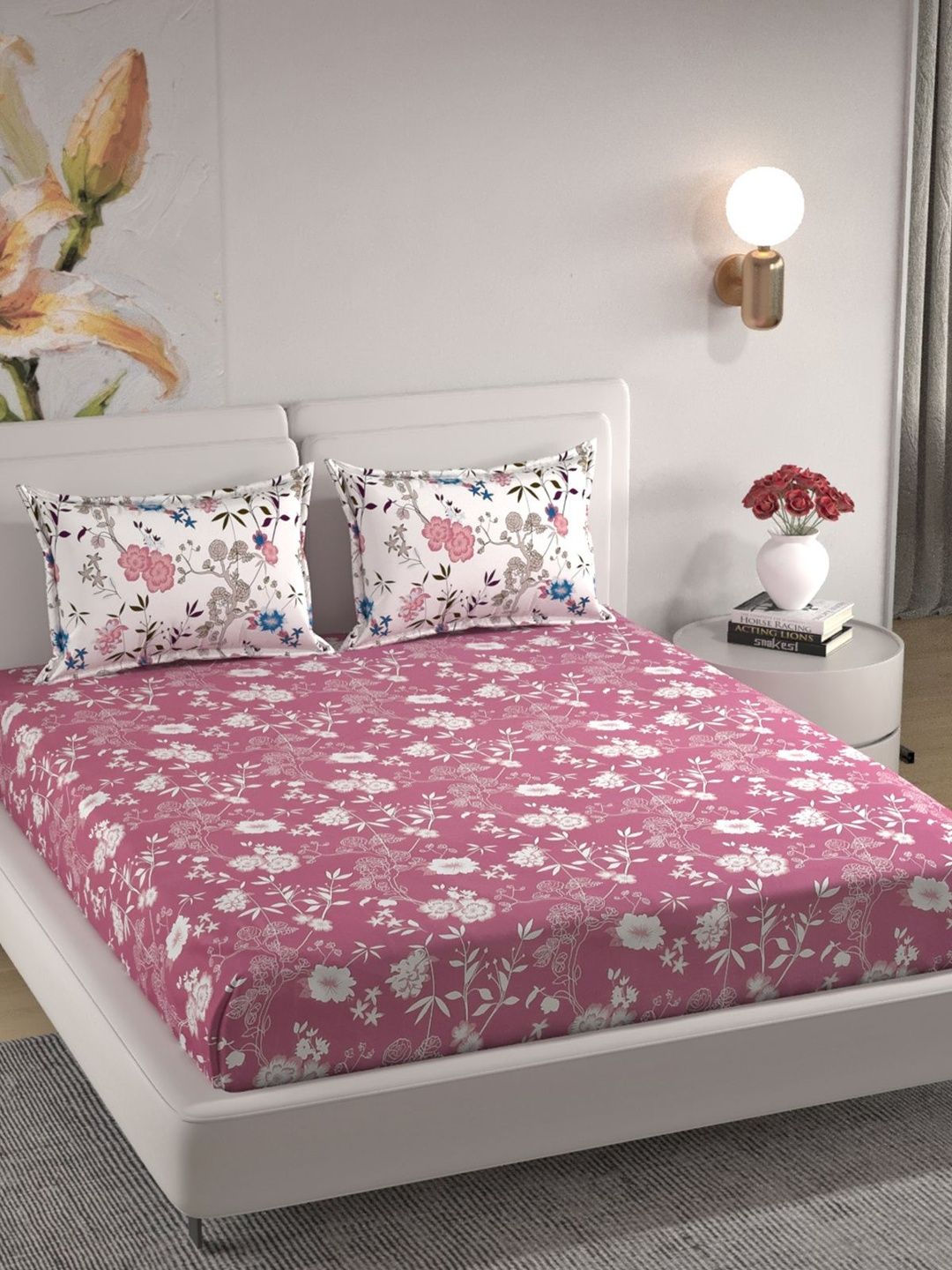 Florida Florida Pink & White Floral King Bedsheet with 2 Pillow Covers