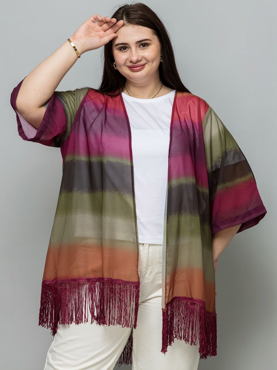 PURYS PLUS Women Colourblocked Tasselled Shrug