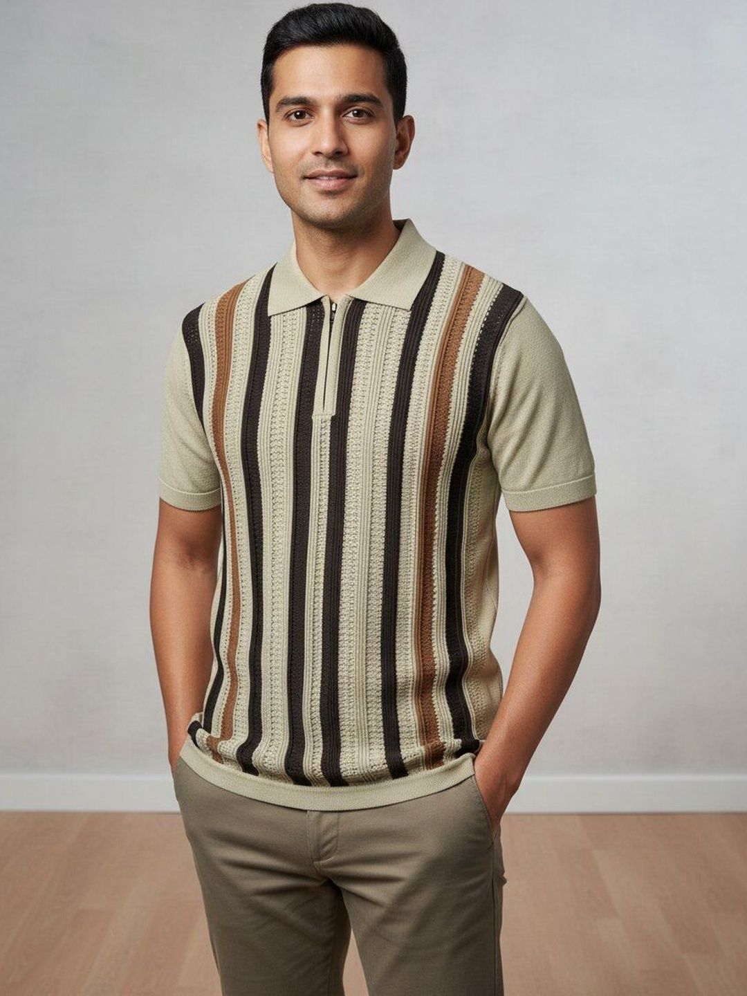 The Roadster Lifestyle Co Striped Pure Cotton Polo Collar Tshirt
