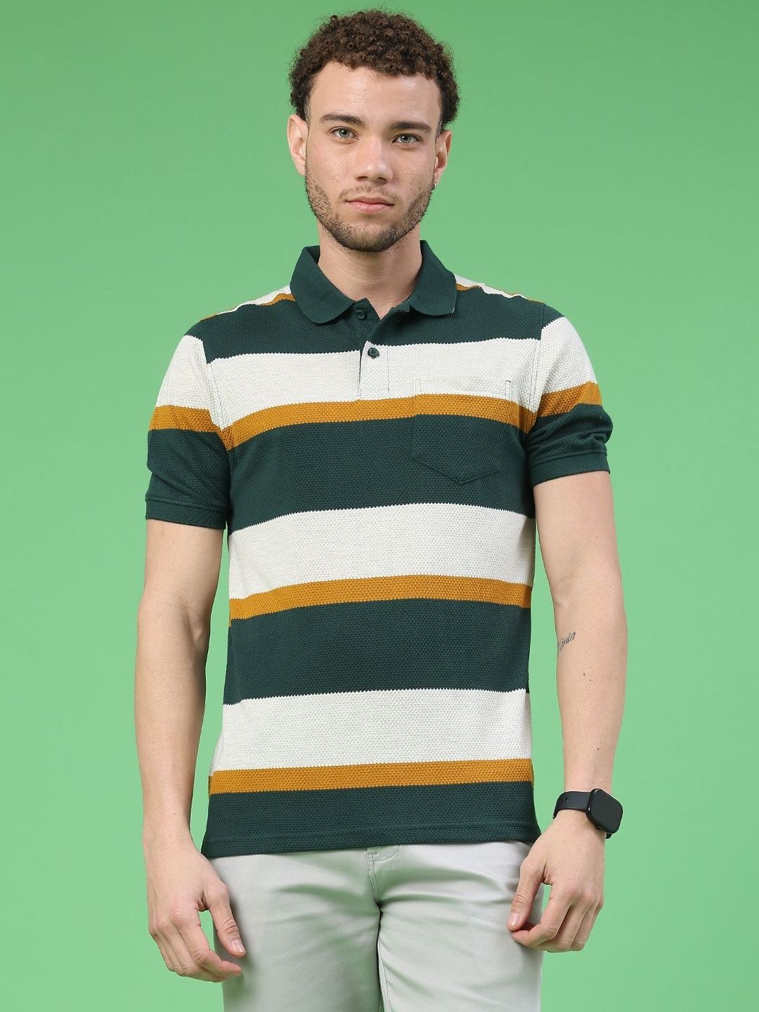 V-Mart Men Striped Polo Collar Pockets T-shirt