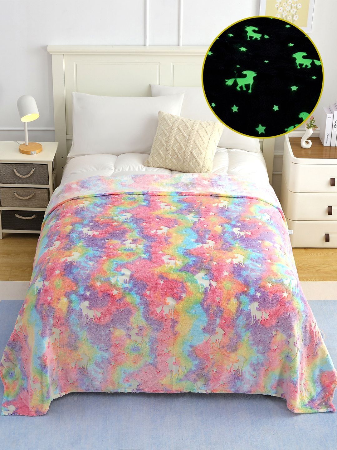 Unicorn Single Bed Blanket Story@home Kids Glow In Dark Unicorn Single Bed 300 GSM Blanket
