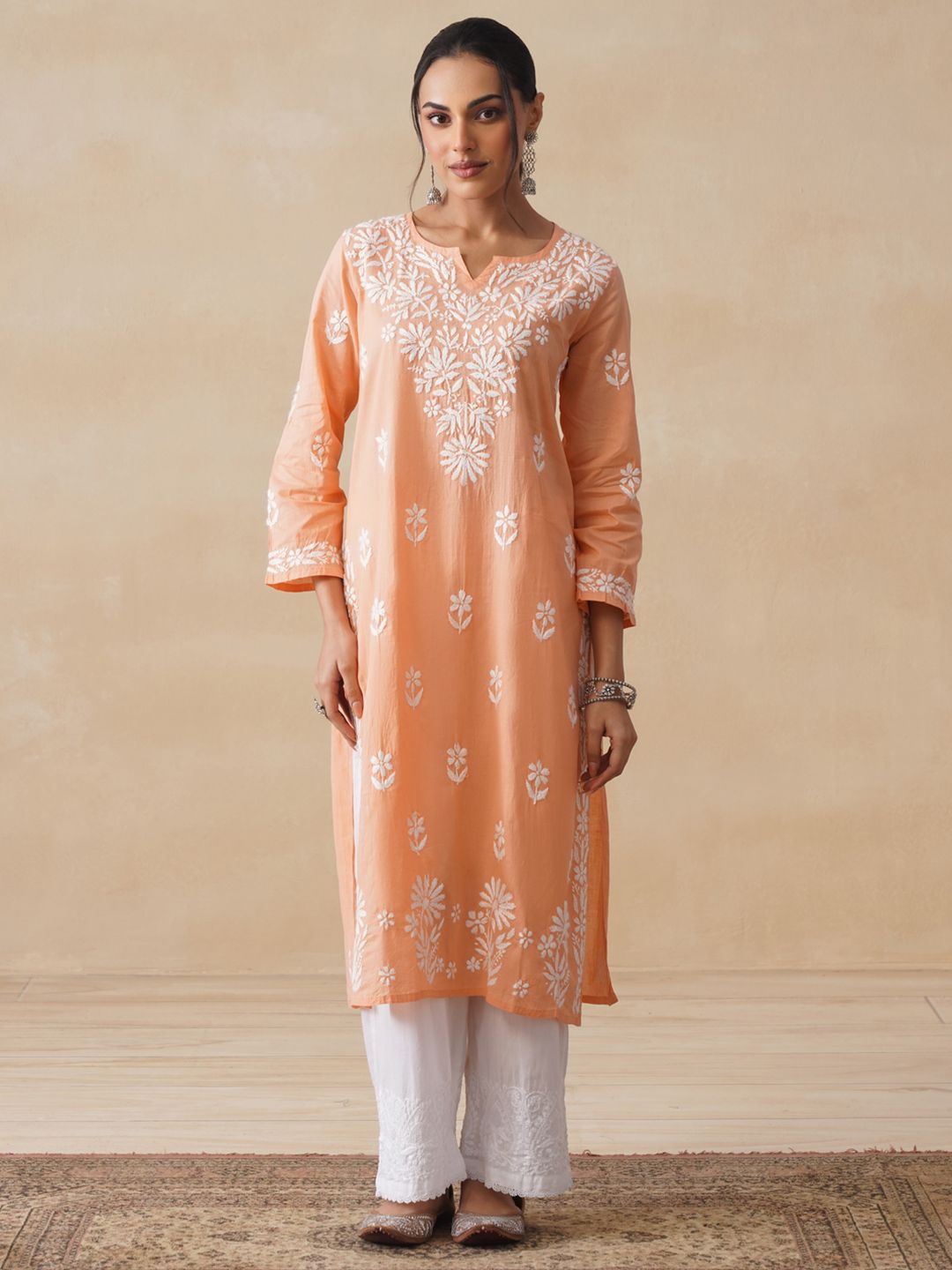 Women Chikankari Kurta House of Chikankari Women Peach Cotton Chikankari Embroidered Kurta