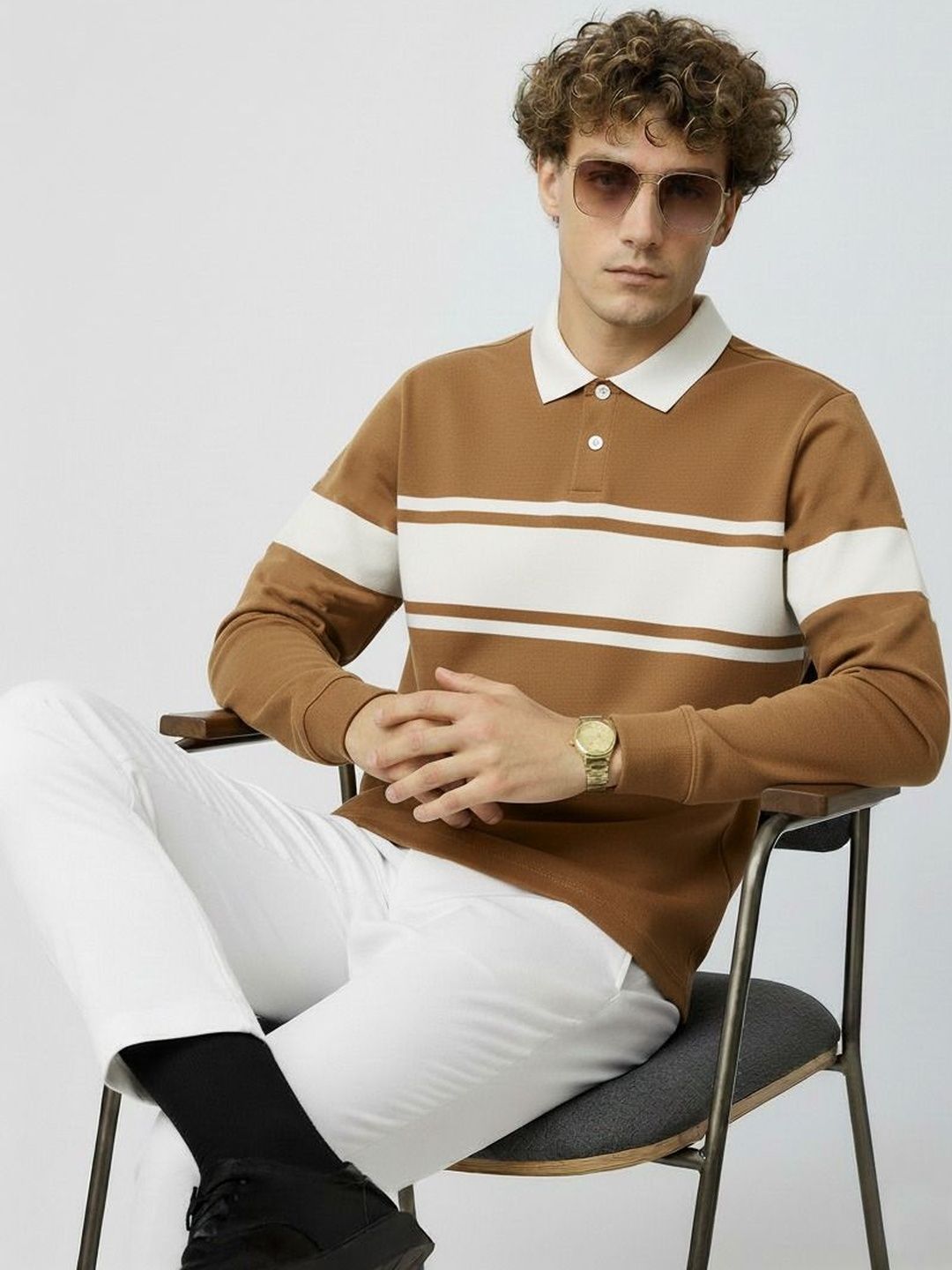 R.Code by The Roadster Life Co. Men Striped Polo Collar T-shirt