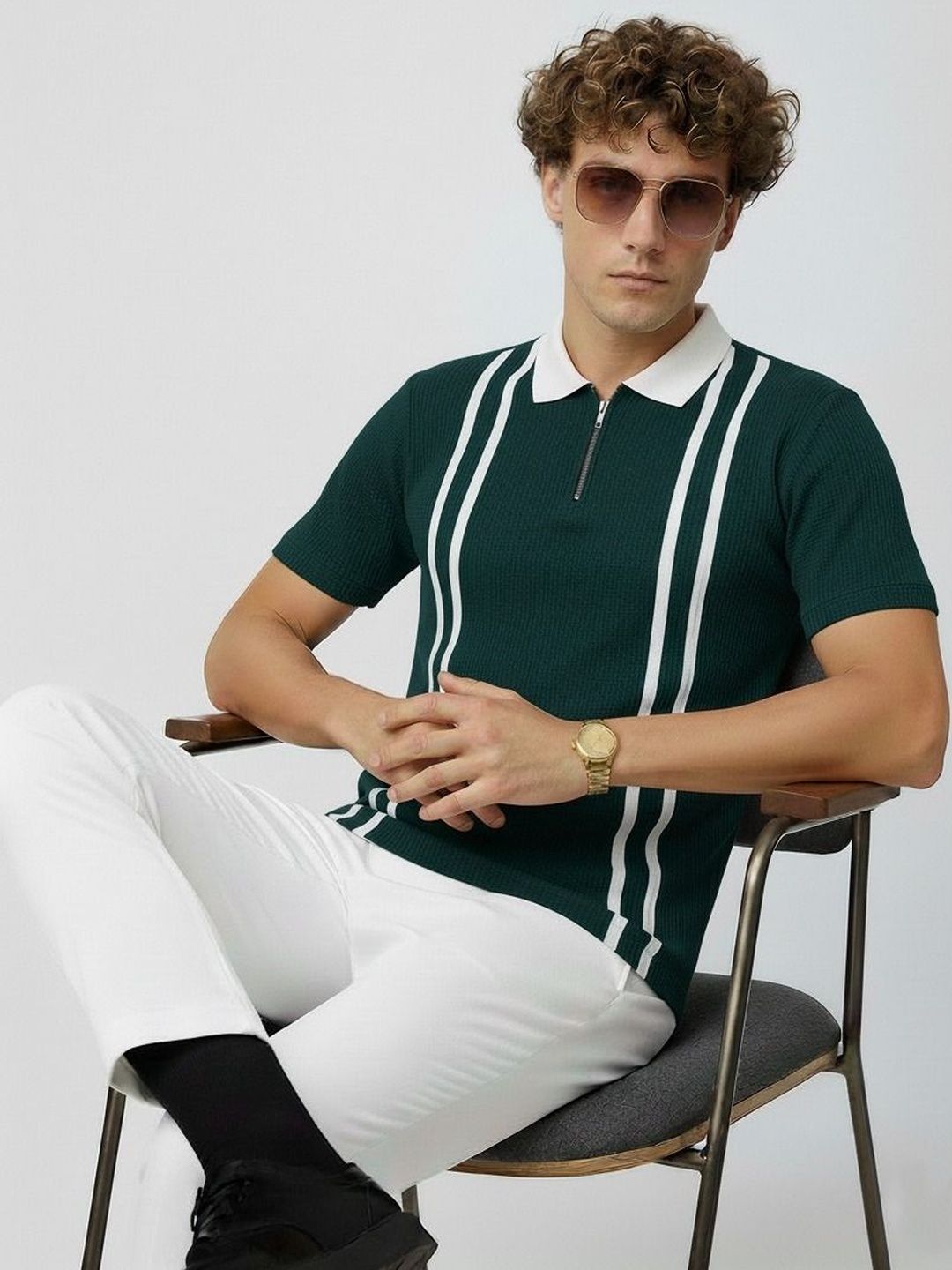 R.Code by The Roadster Life Co. Men Striped Polo Collar T-shirt
