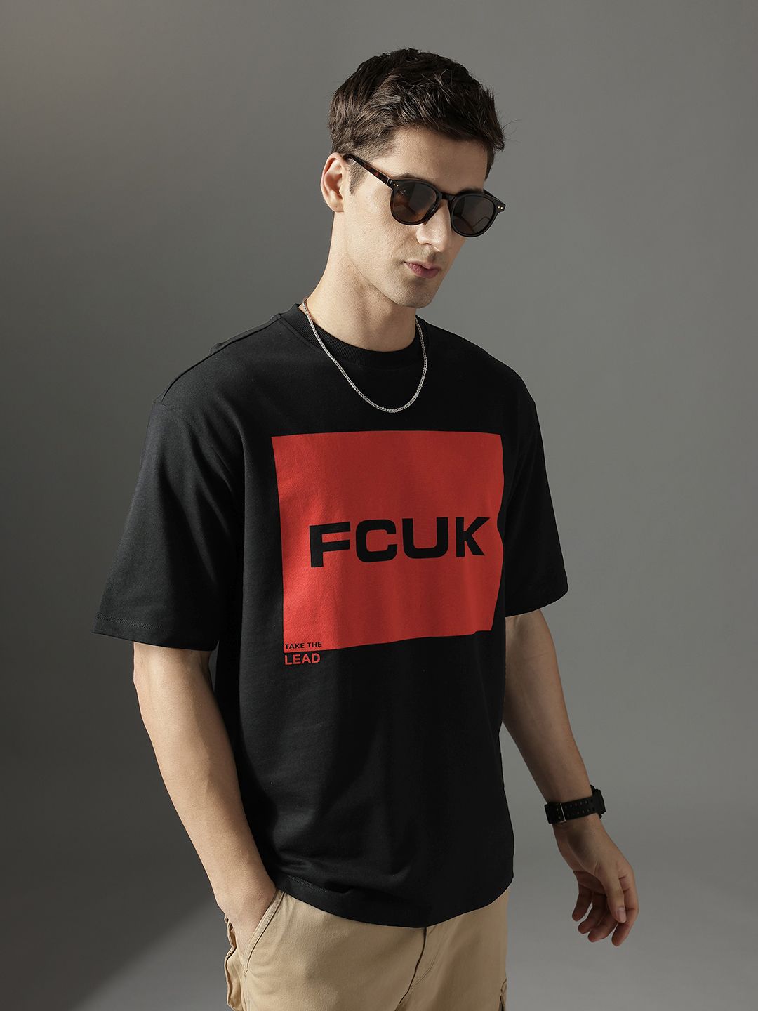 FCUK Brand Logo Printed Drop-Shoulder Sleeves Pure Cotton T-shirt