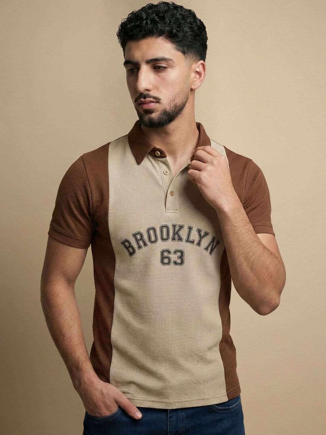 N AND J Men Typography Colourblocked Polo Collar Slim Fit T-shirt