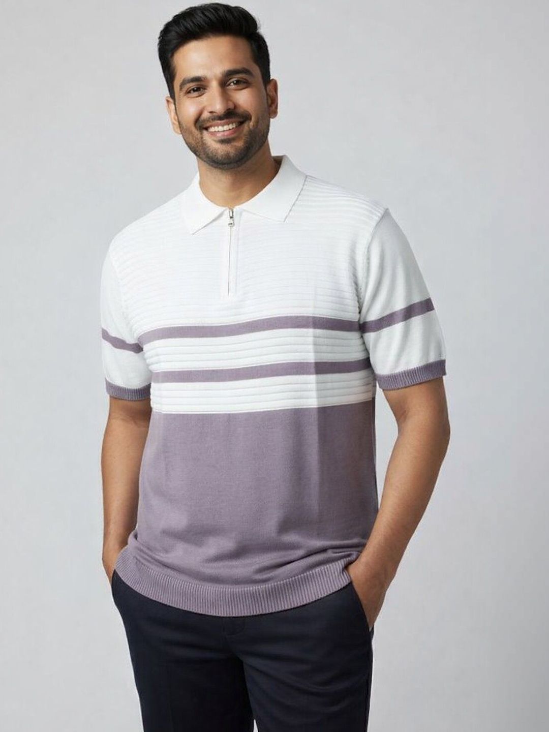 The Roadster Lifestyle Co Colourblocked Striped Pure Cotton Polo Collar Tshirt