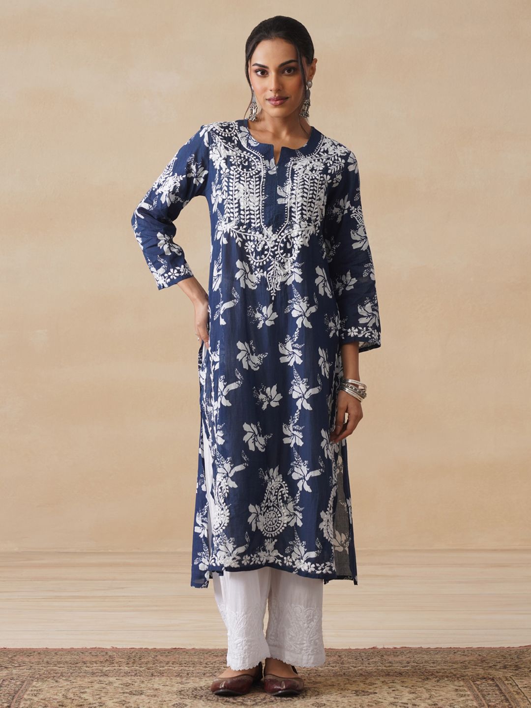 Women Chikankari Kurta House of Chikankari Women Navy Blue Mulmul Chikankari Embroidered Kurta