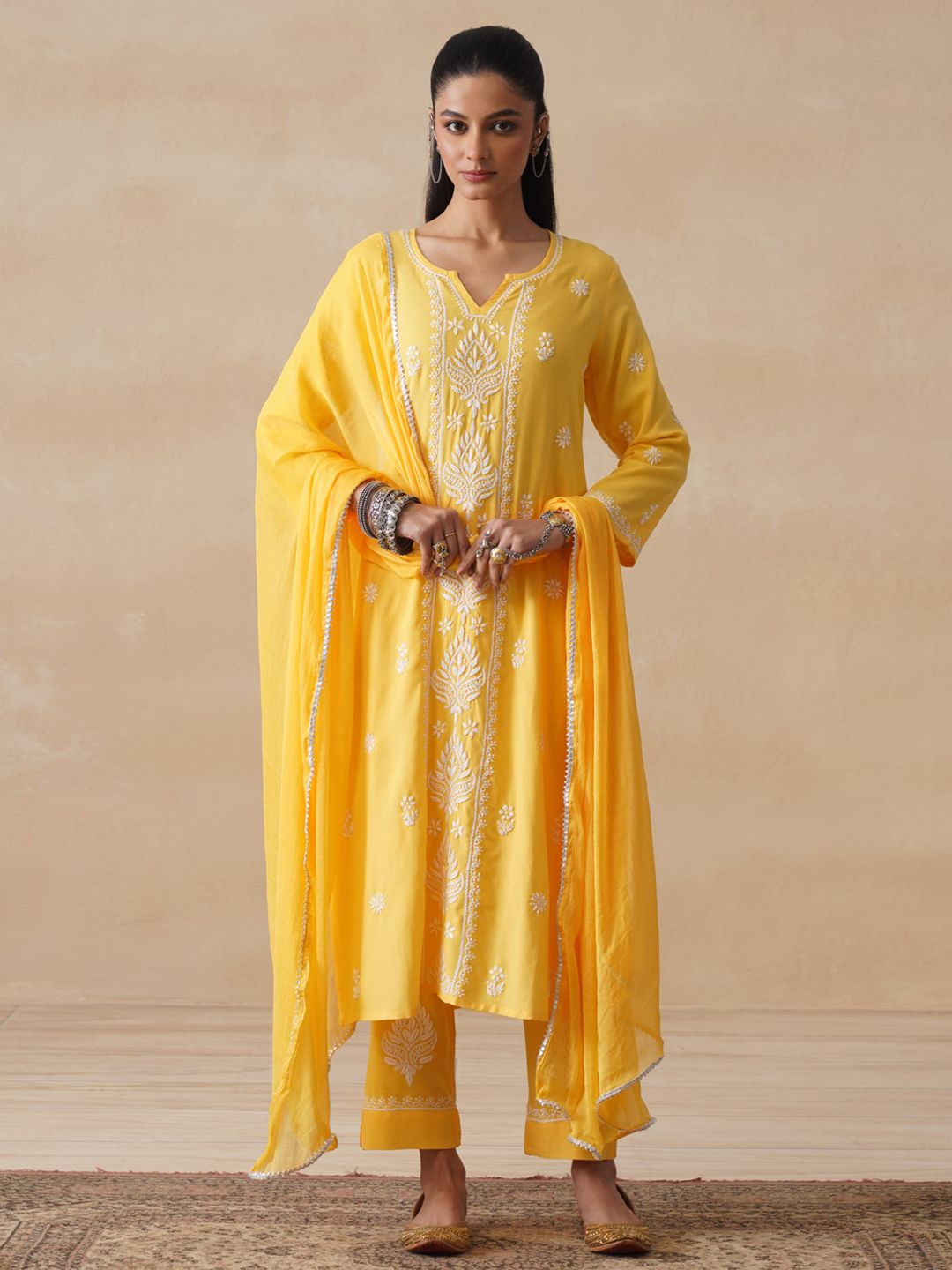 Women Chikankari Kurta Set House of Chikankari Women Yellow Rayon Chikankari Embroidered Kurta Set