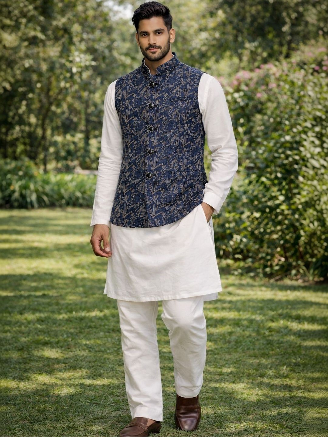 House of Pataudi Woven Design  Woven Nehru Jackets