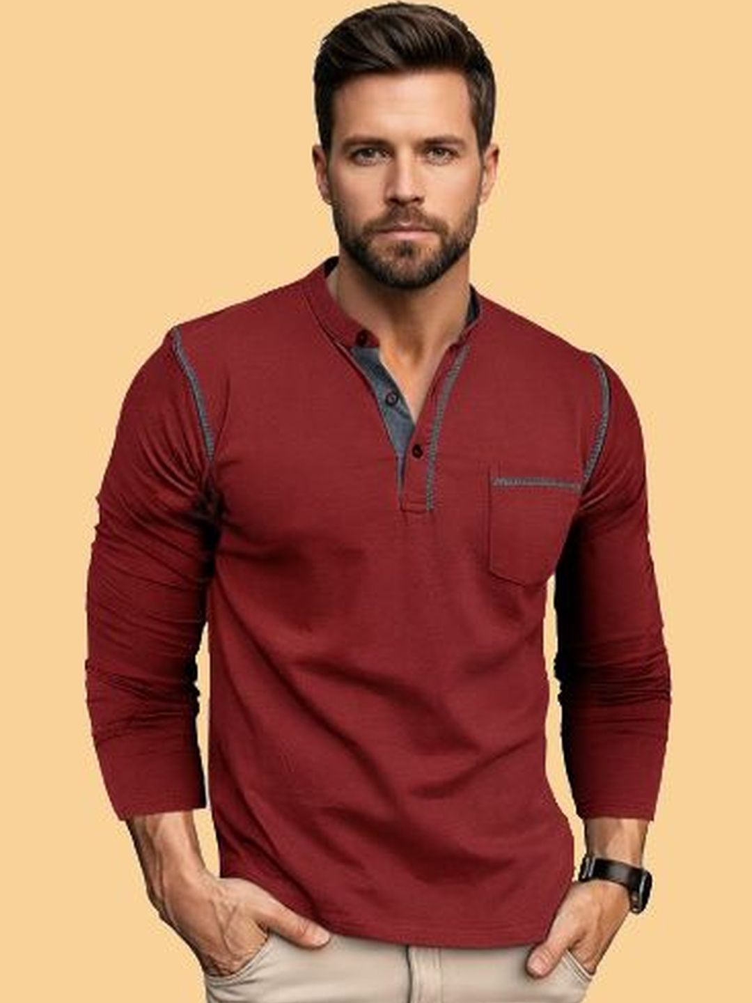 REYA Men Henley Neck Pockets T-shirt