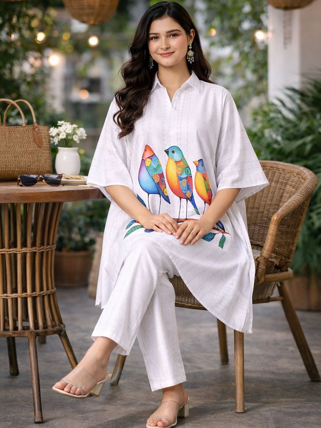 Anouk Rustic Women White Animal Printed Kaftan Set