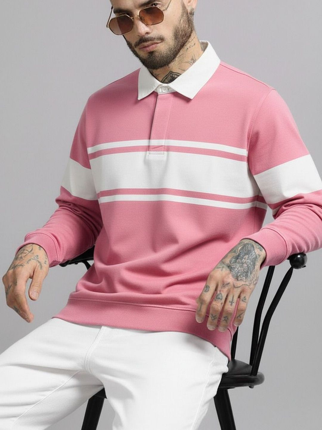 R.Code by The Roadster Life Co. Men Striped Polo Collar T-shirt