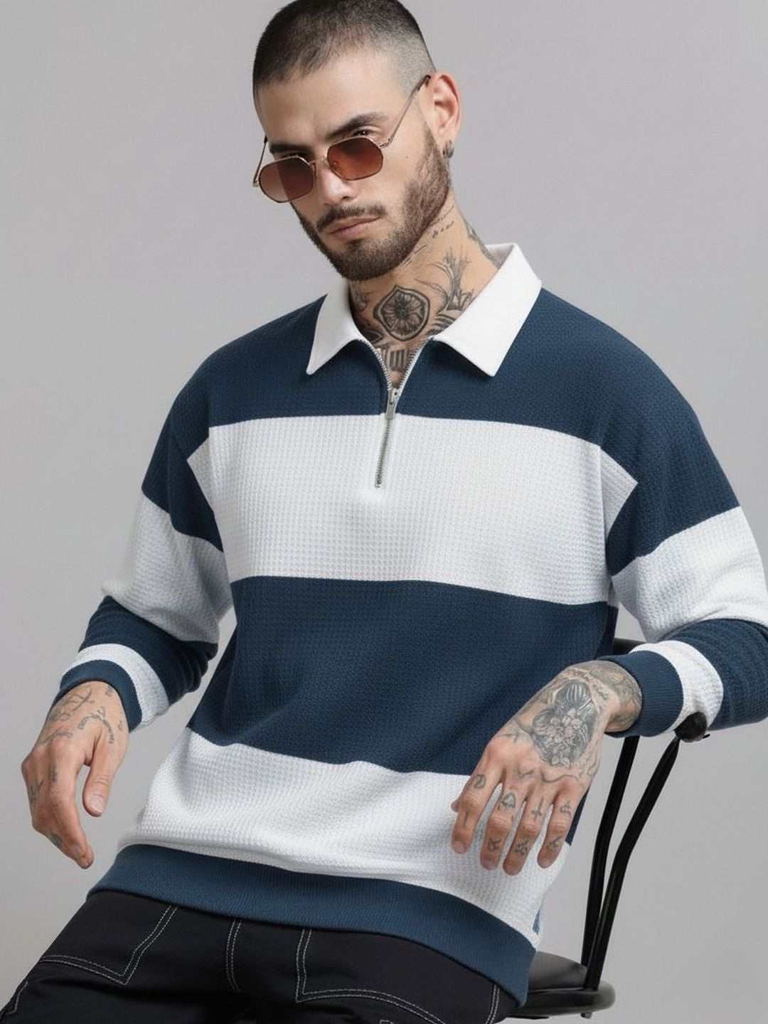 R.Code by The Roadster Life Co. Men Striped Polo Collar T-shirt