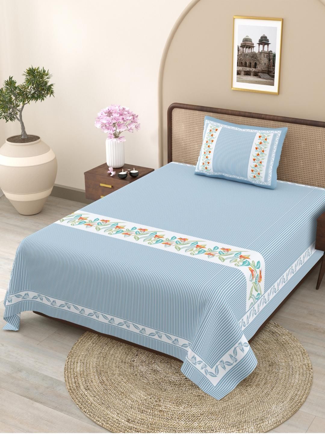 JAIPUR FABRIC Blue Striped Single Bedsheet with 1 Pillow Covers