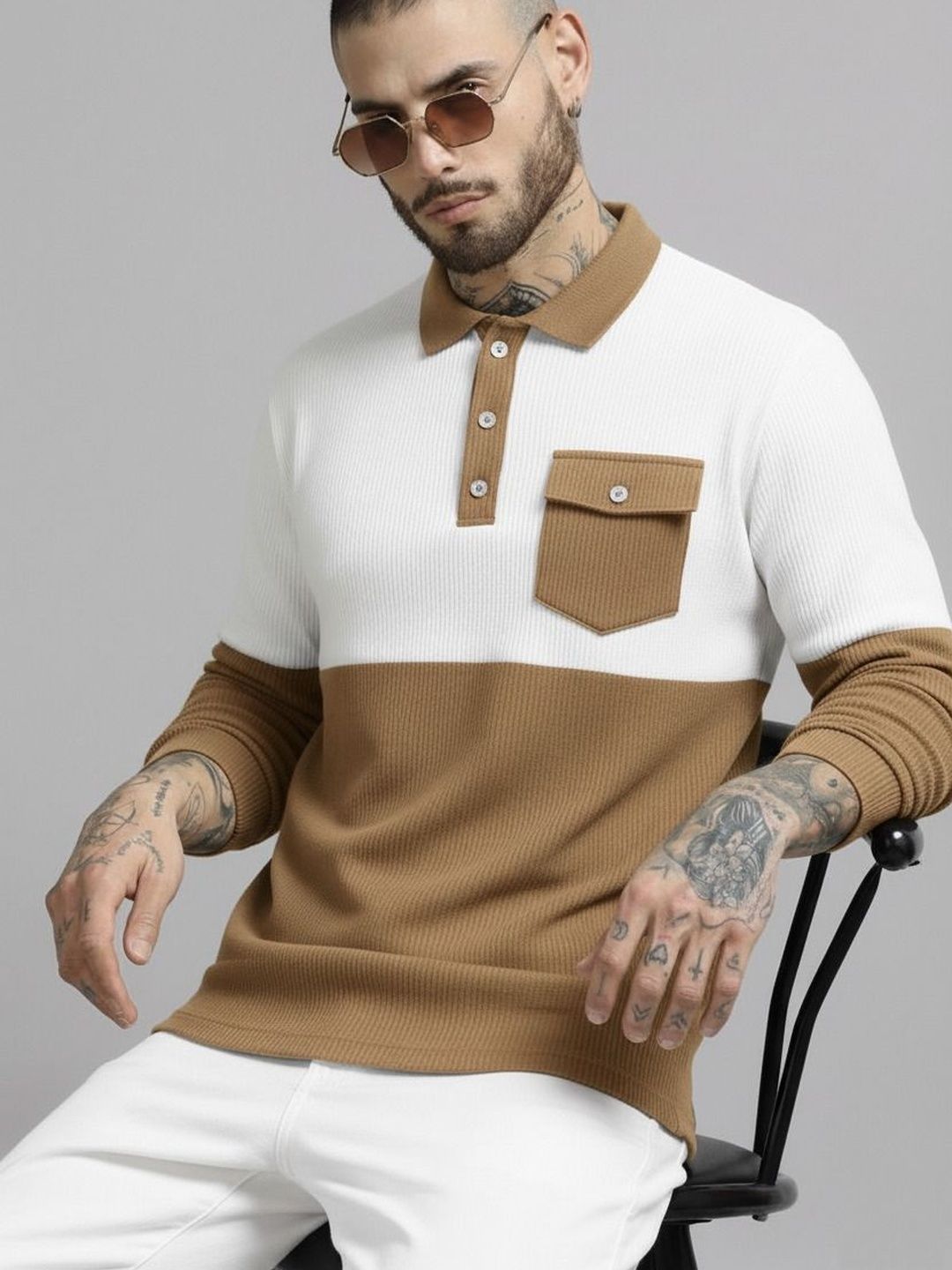 R.Code by The Roadster Life Co. Men Colourblocked Polo Collar Pockets T-shirt
