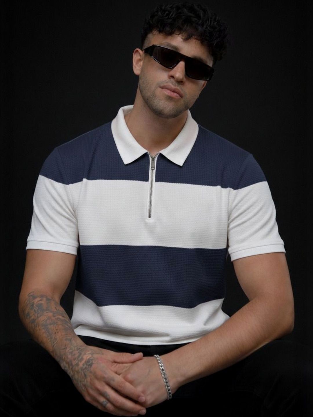 R.Code by The Roadster Life Co. Men Striped Polo Collar T-shirt