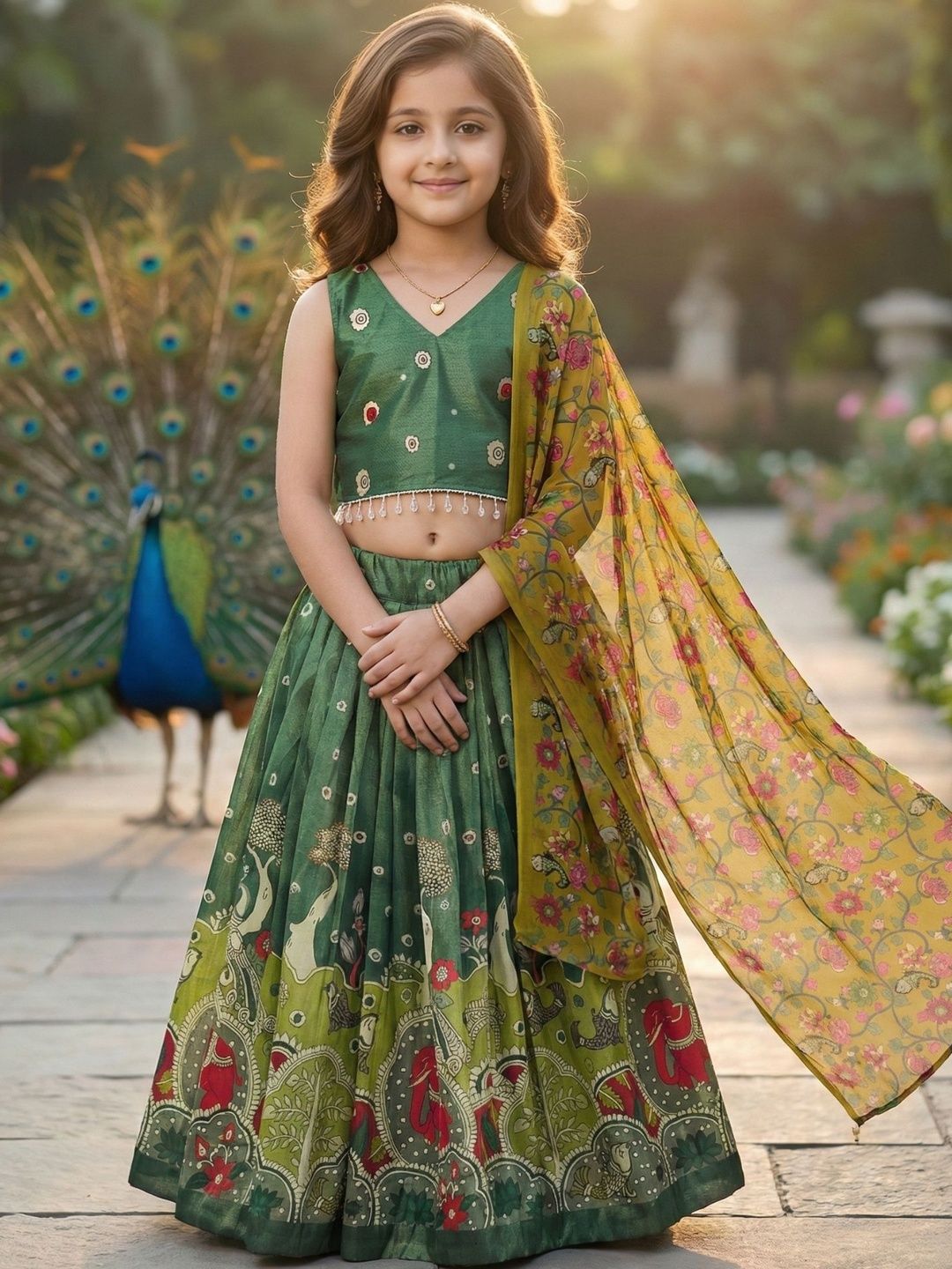 KALINI Girls Embellished Thread Work Kalamkari Ready to Wear Lehenga & Blouse With Dupatta
