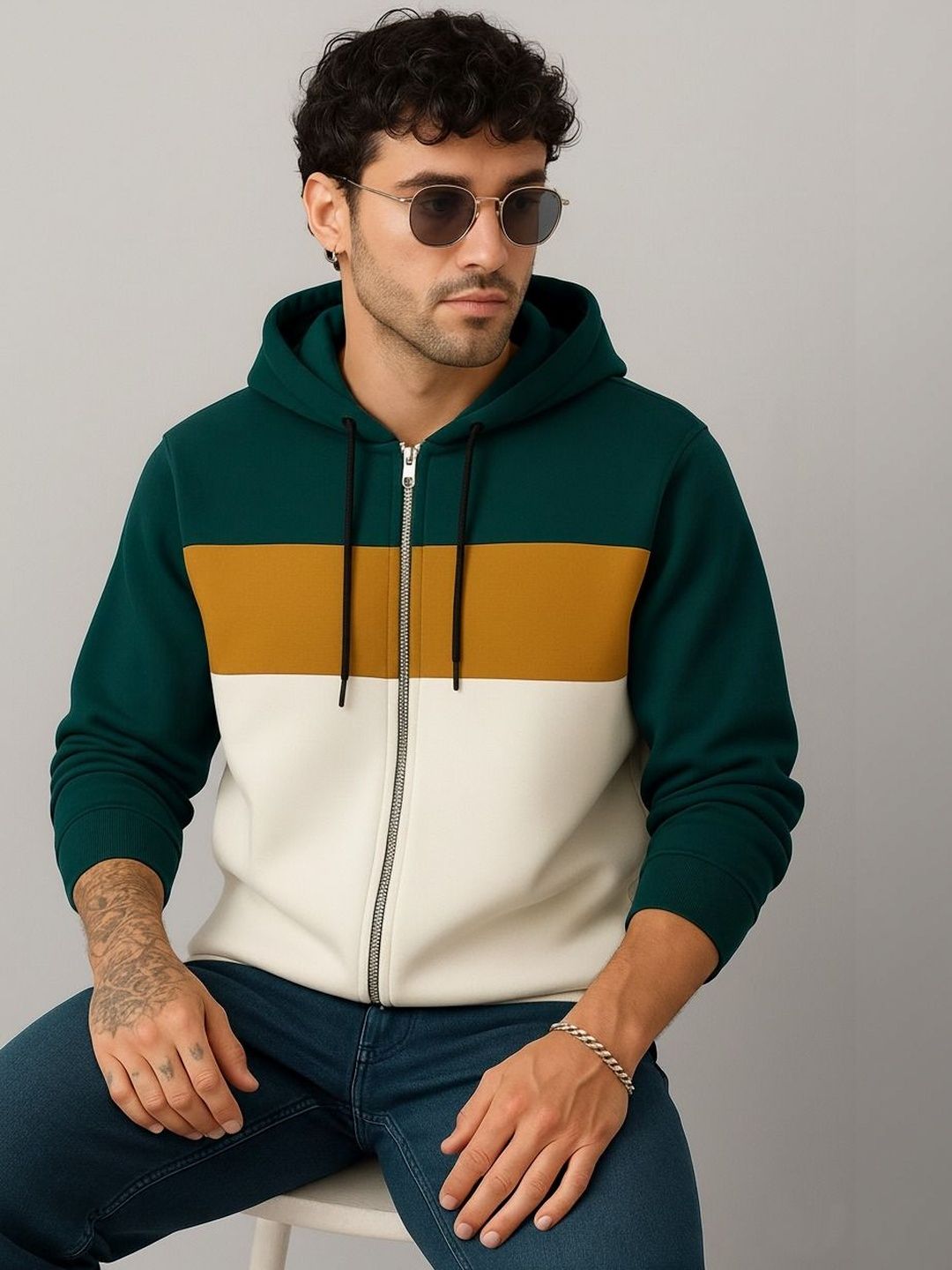 R.Code by The Roadster Life Co. Men Colourblocked Hooded T-shirt