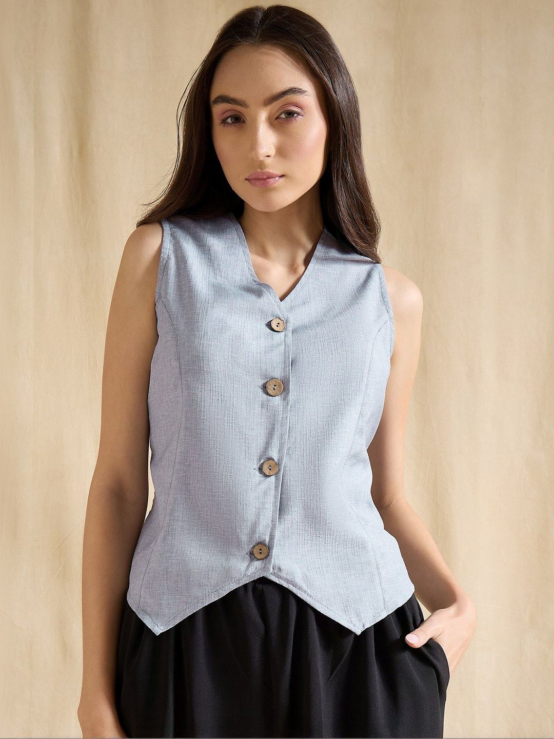 DRAPE AND DAZZLE V-Neck Sleeveless Cotton Linen Button-Front Woven Waistcoat
