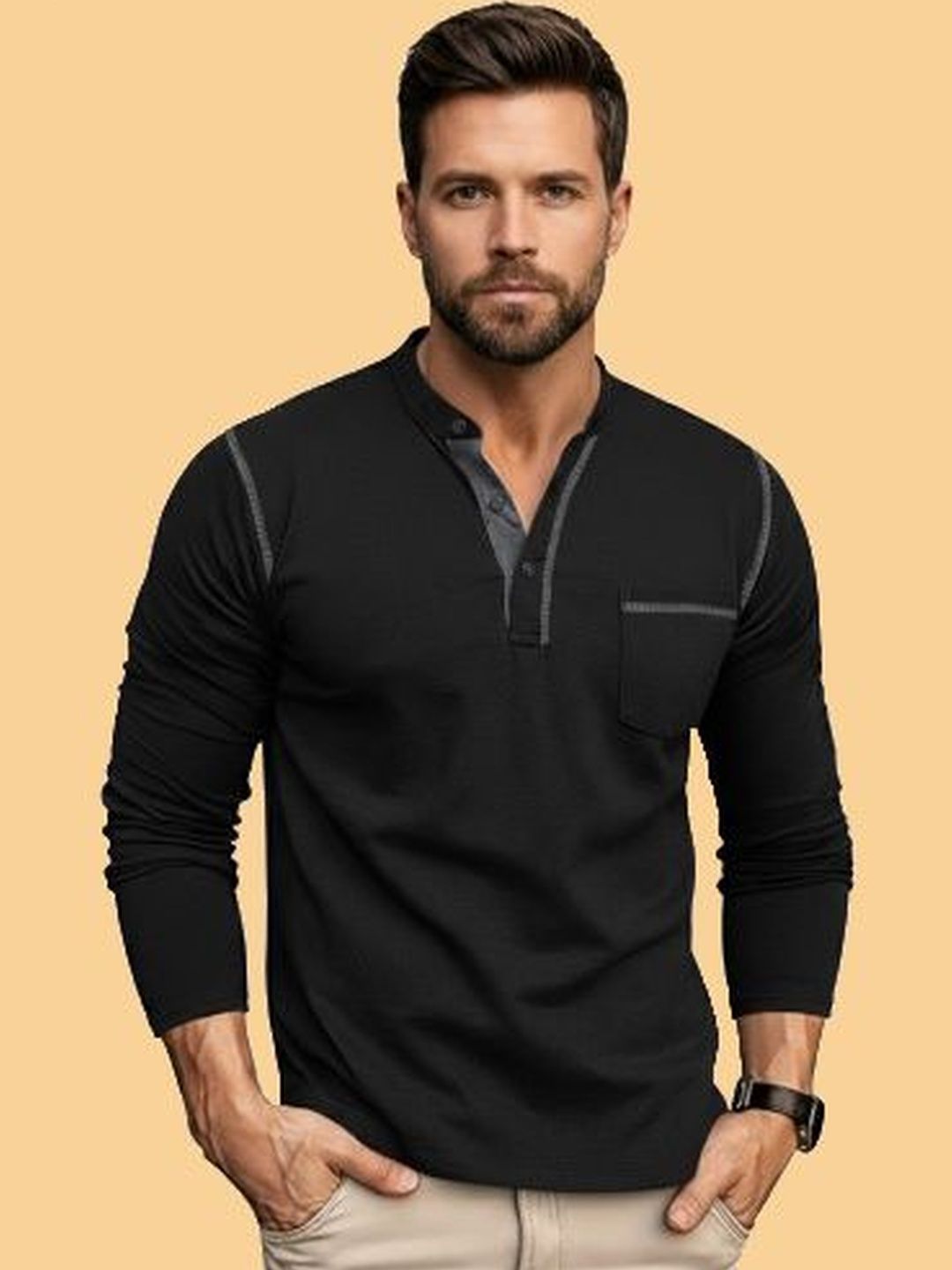 REYA Men Henley Neck Pockets T-shirt
