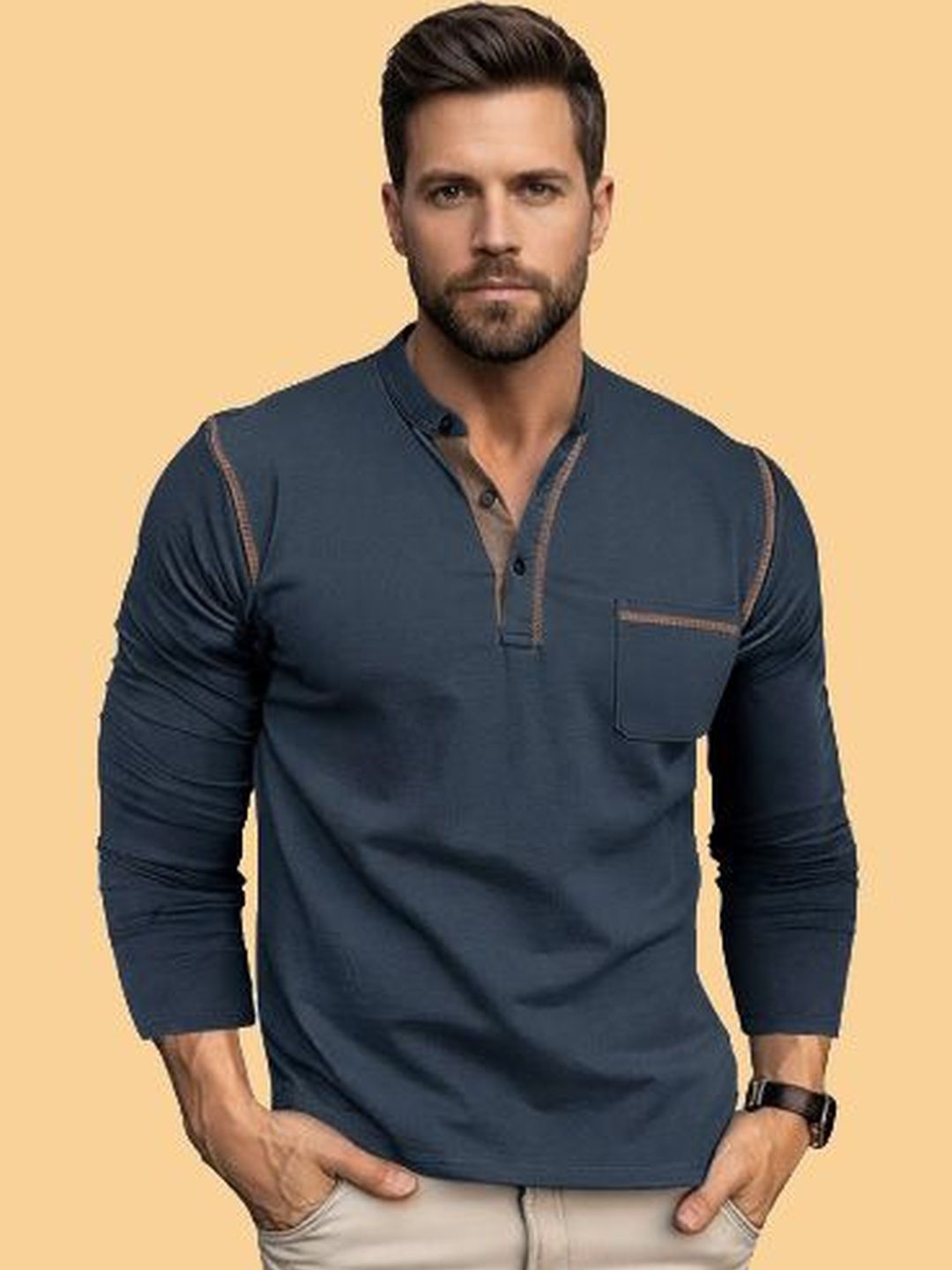REYA Men Henley Neck Pockets T-shirt