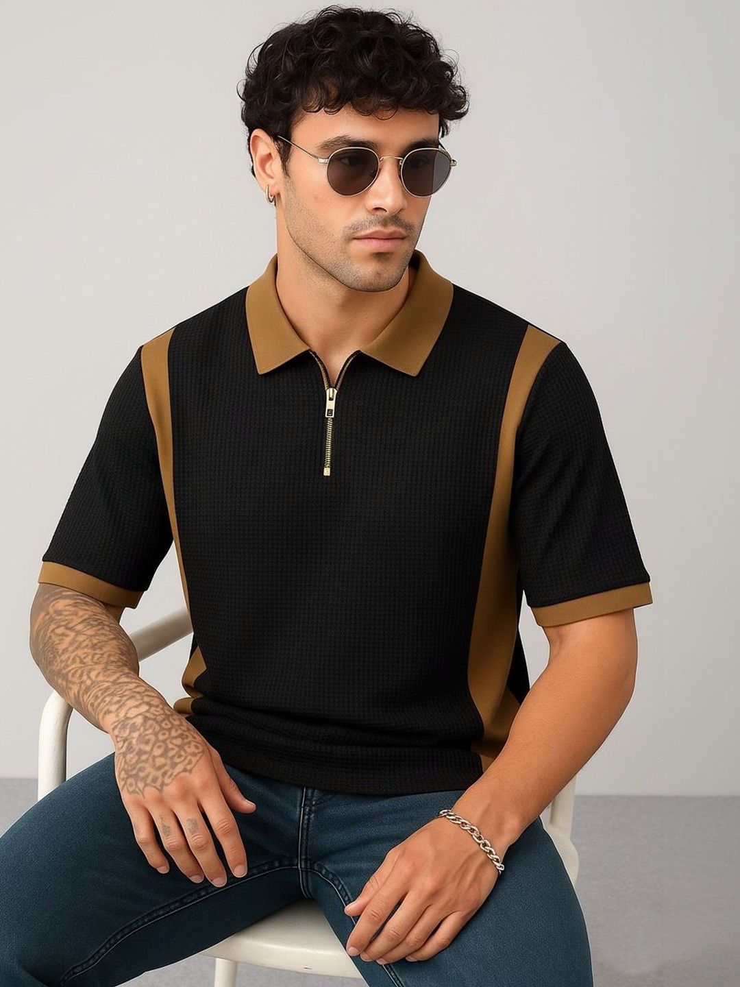 R.Code by The Roadster Life Co. Men Colourblocked Polo Collar T-shirt