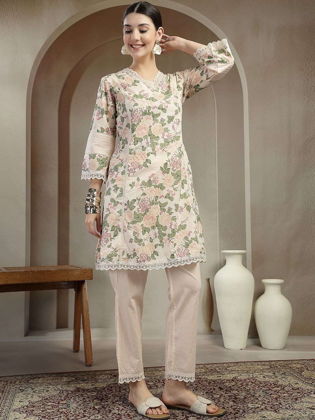 Sangria Floral Cotton Printed Tunic with Trousers