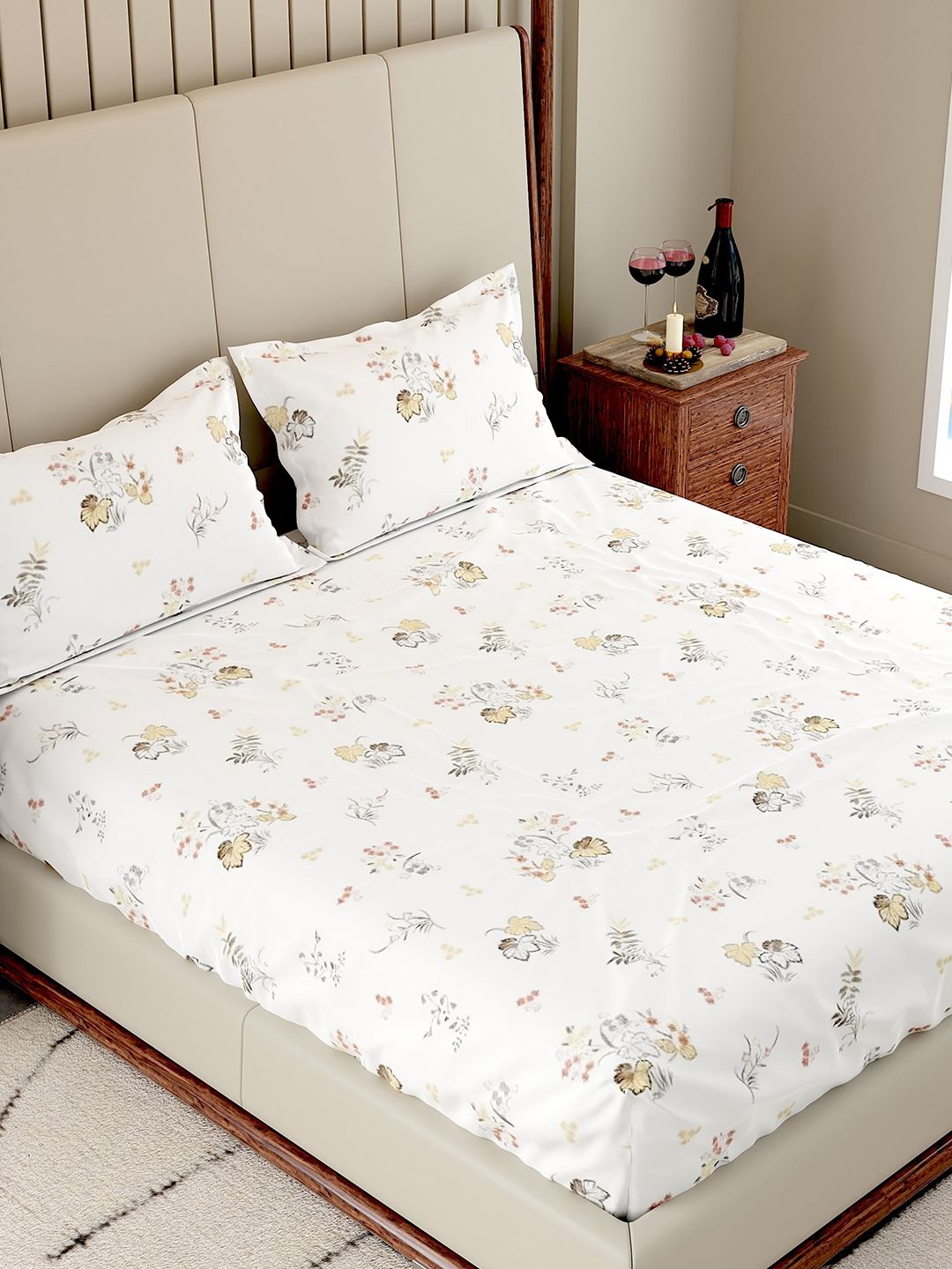 Pure Decor Pure Decor White Floral 300TC Premium Cotton King Double Bed Bedsheet With 2 Pillow Cover