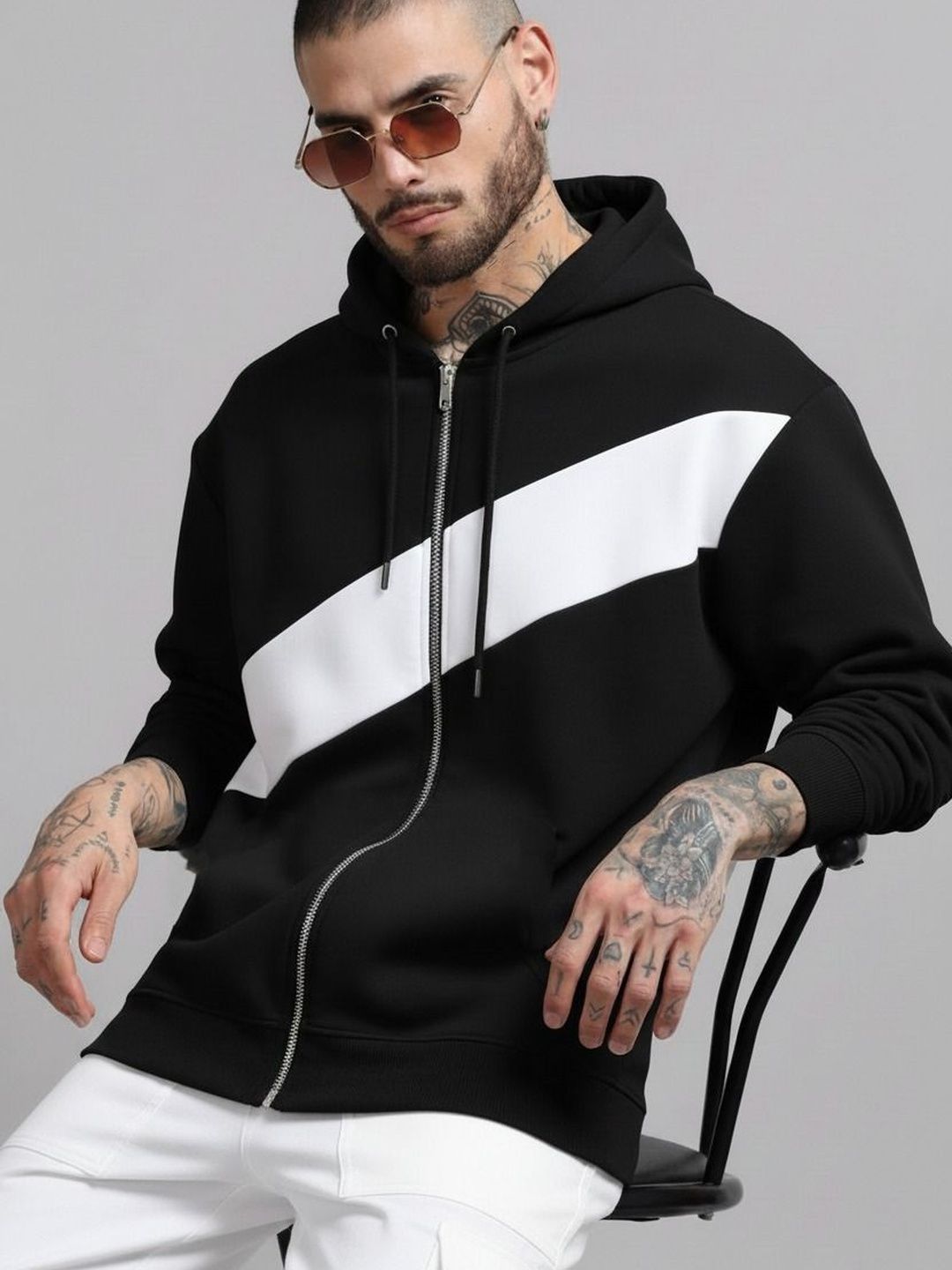 R.Code by The Roadster Life Co. Men Colourblocked Hooded T-shirt