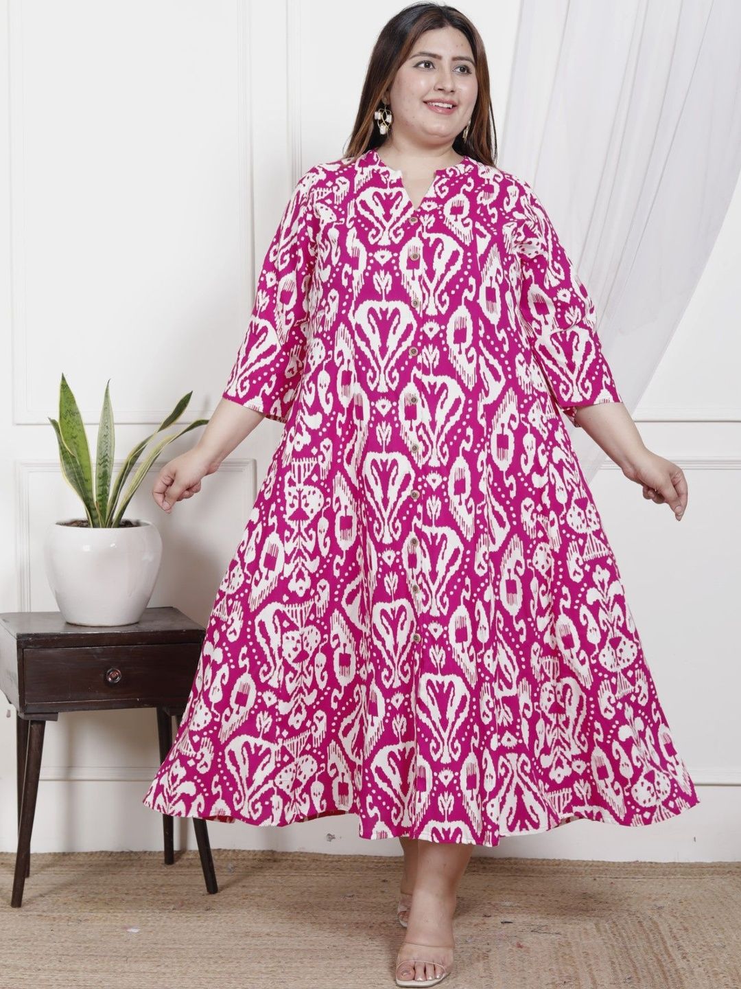 Sztori Sztori Printed Mandarin Collar Fit & Flare Ethnic Dresses
