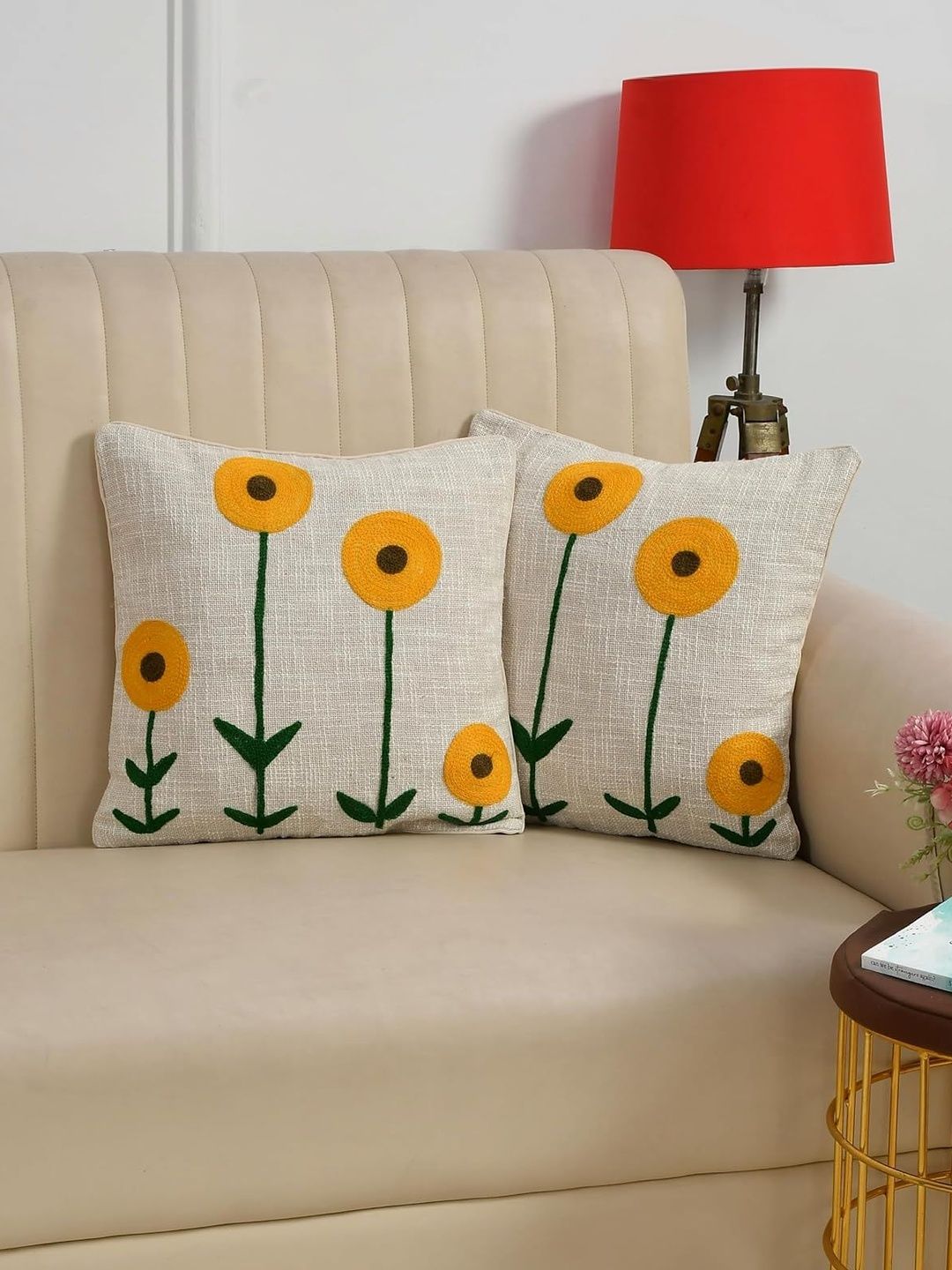 WEAVERS HUT Beige & Yellow Set of 2 Floral Square Cushion Covers