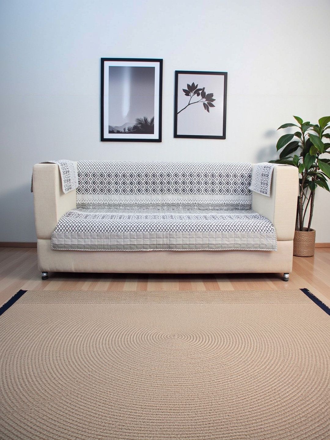 eyda White & Grey Printed Cotton Blend 3 Piece Sofa Cover With Arms
