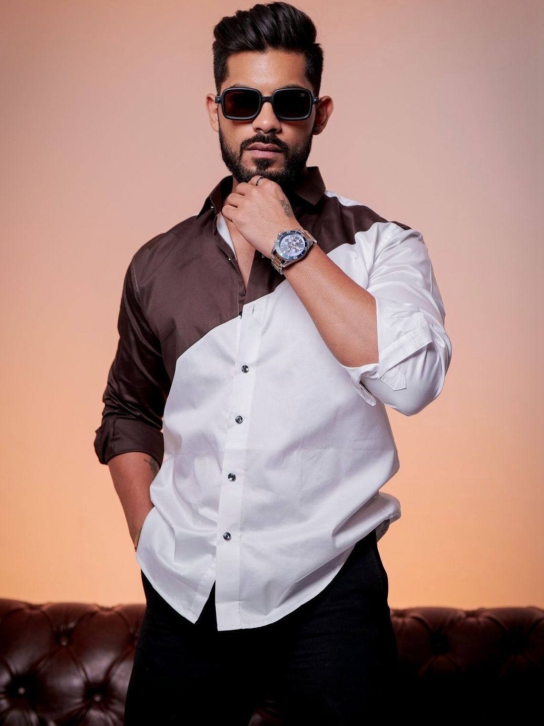 Foomer Men Satin Cotton Classic Colourblocked Casual Shirt