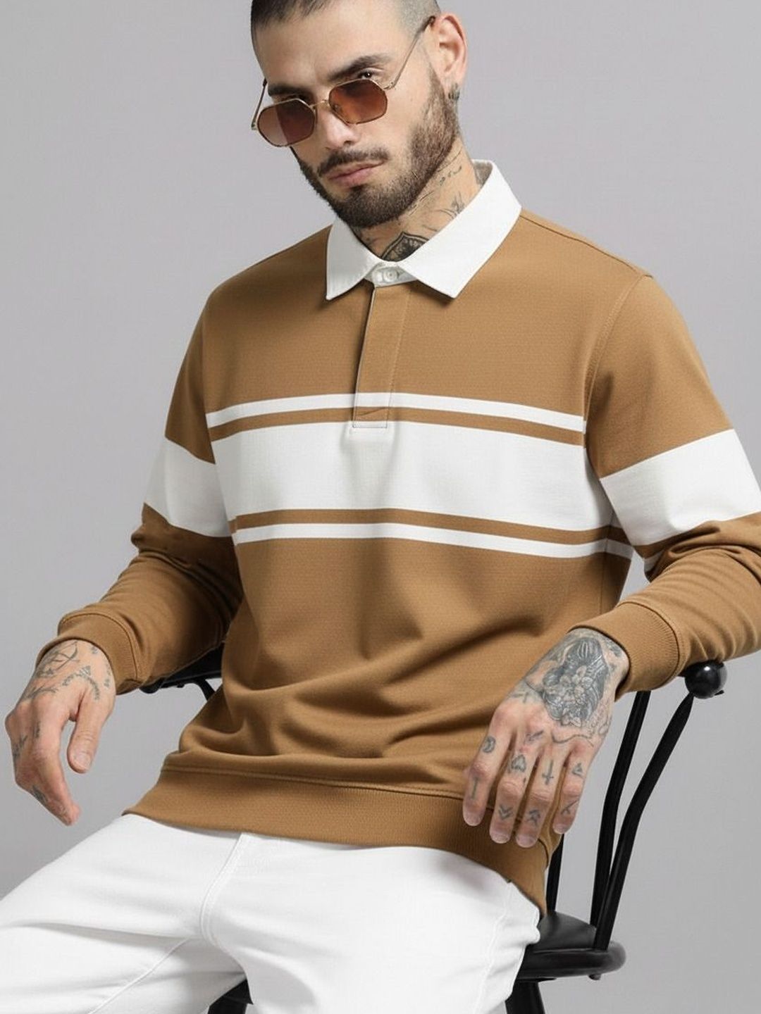 R.Code by The Roadster Life Co. Men Striped Polo Collar T-shirt