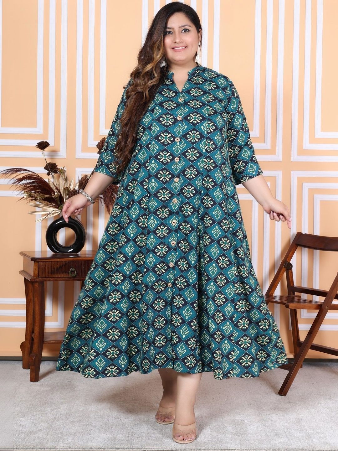 Sztori Printed Mandarin Collar Fit & Flare Ethnic Dresses