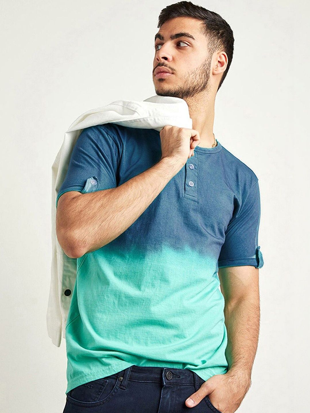 CAHOOT Men Tie and Dye Dyed Henley Neck T-shirt