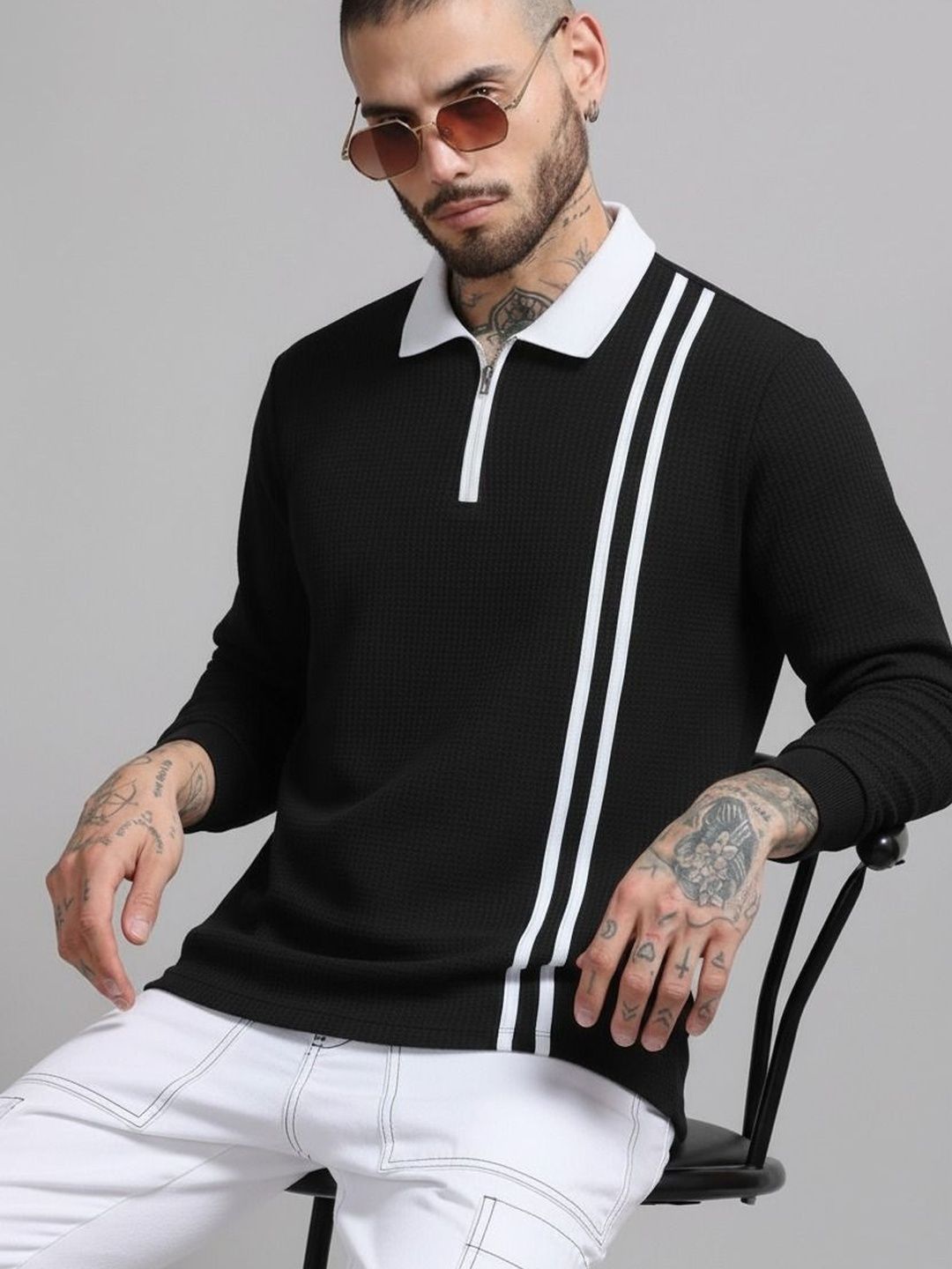 R.Code by The Roadster Life Co. Men Striped Polo Collar T-shirt
