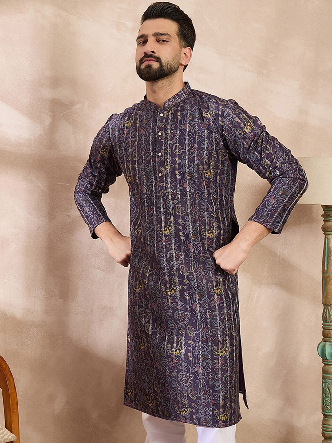 House of Pataudi Printed Mandarin Collar Knee Length Straight Kurta