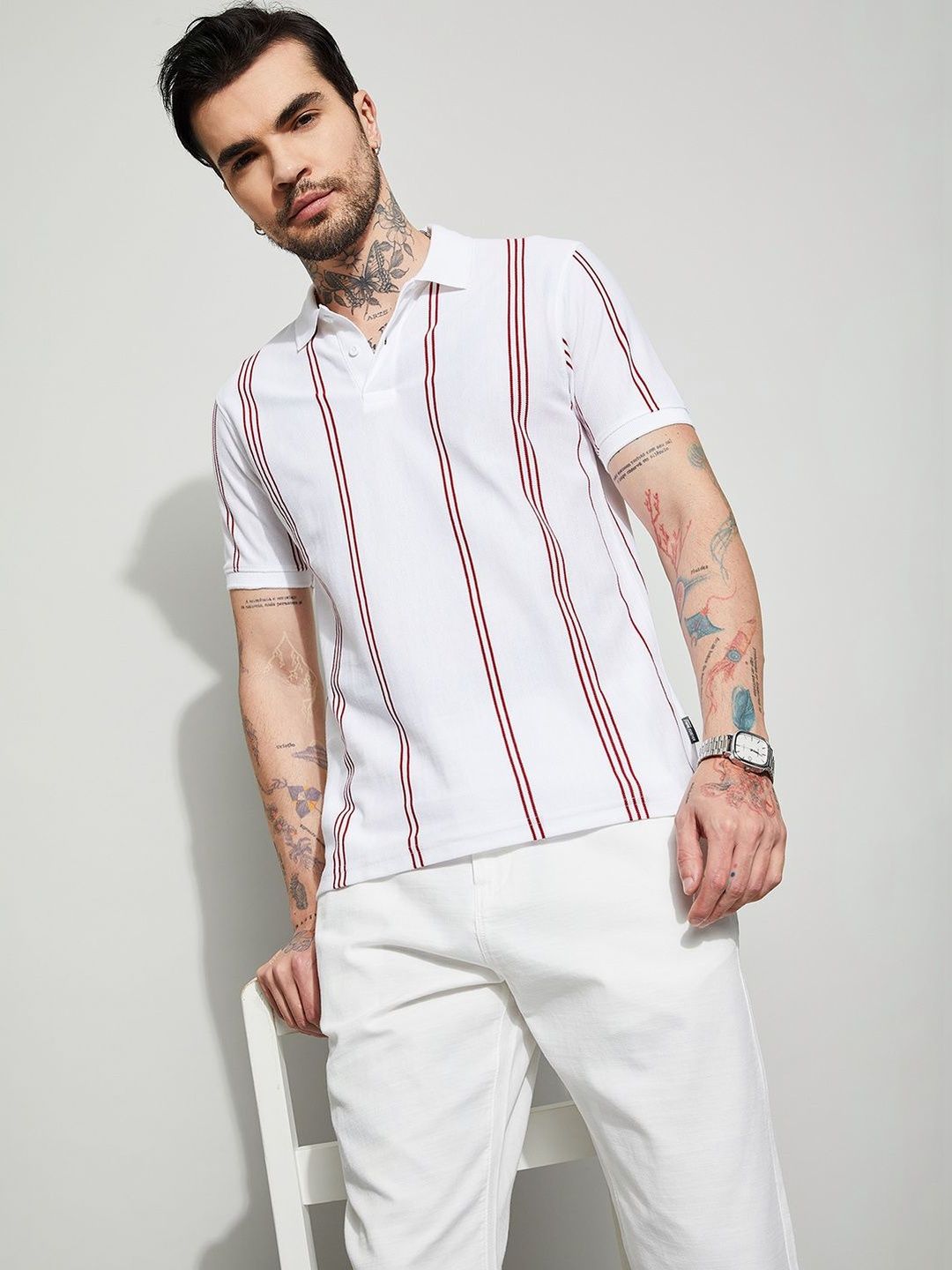 Fame Forever by Lifestyle Men Striped Polo Collar T-shirt