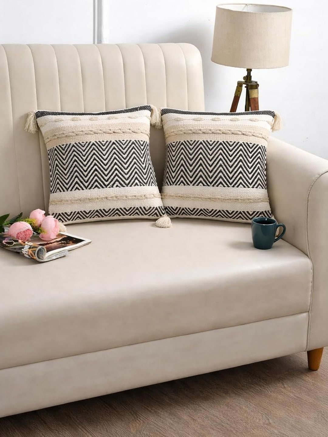 WEAVERS HUT Black & Beige Set of 2 Geometric Square Cushion Covers