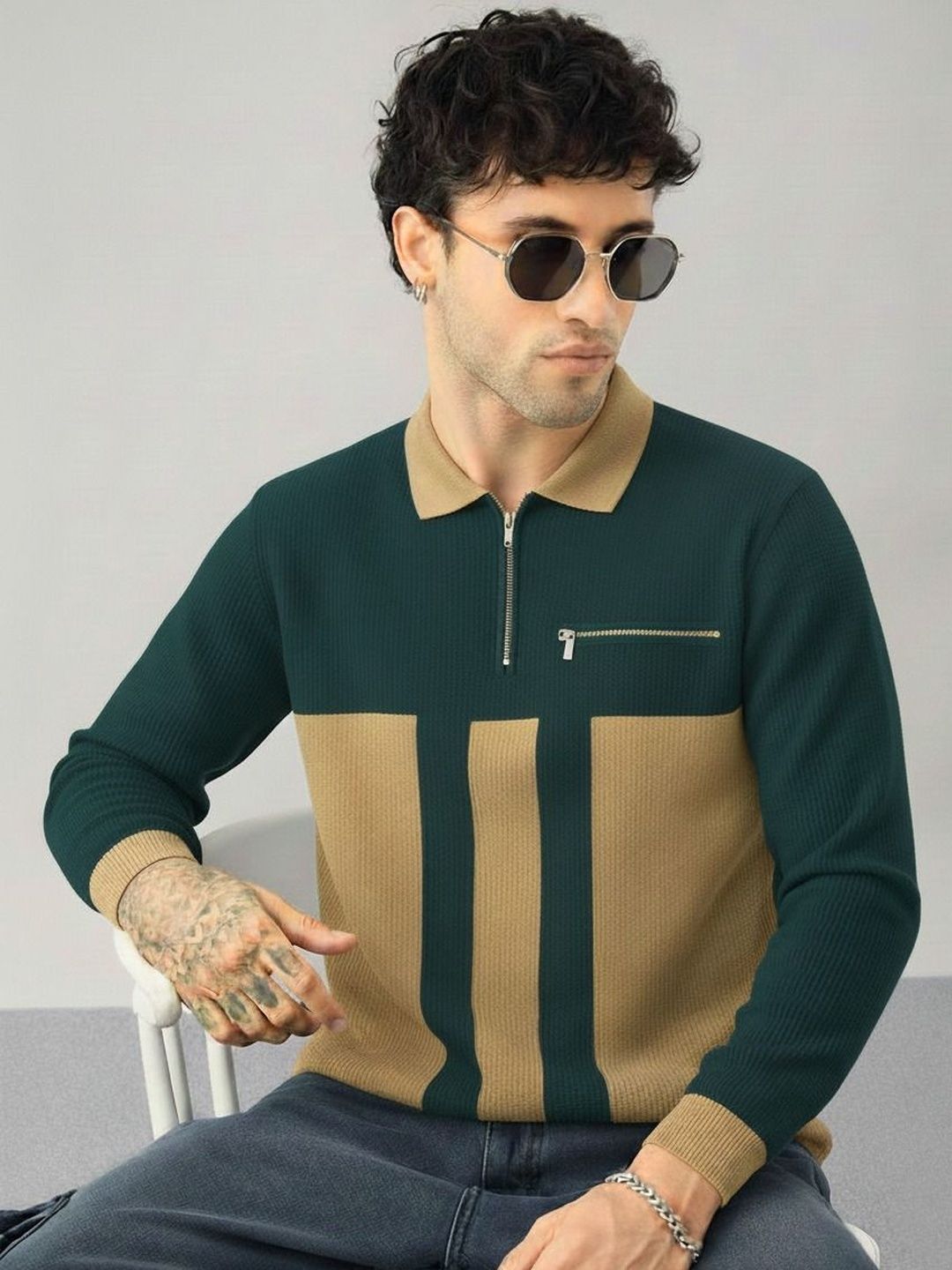 R.Code by The Roadster Life Co. Men Colourblocked Polo Collar Pockets T-shirt