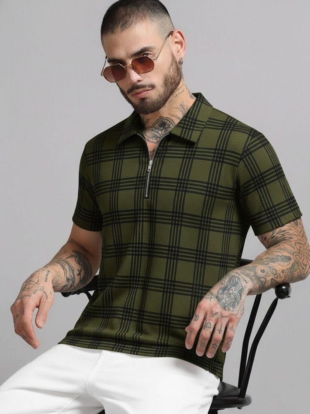 R.Code by The Roadster Life Co. Men Checked Polo Collar T-shirt