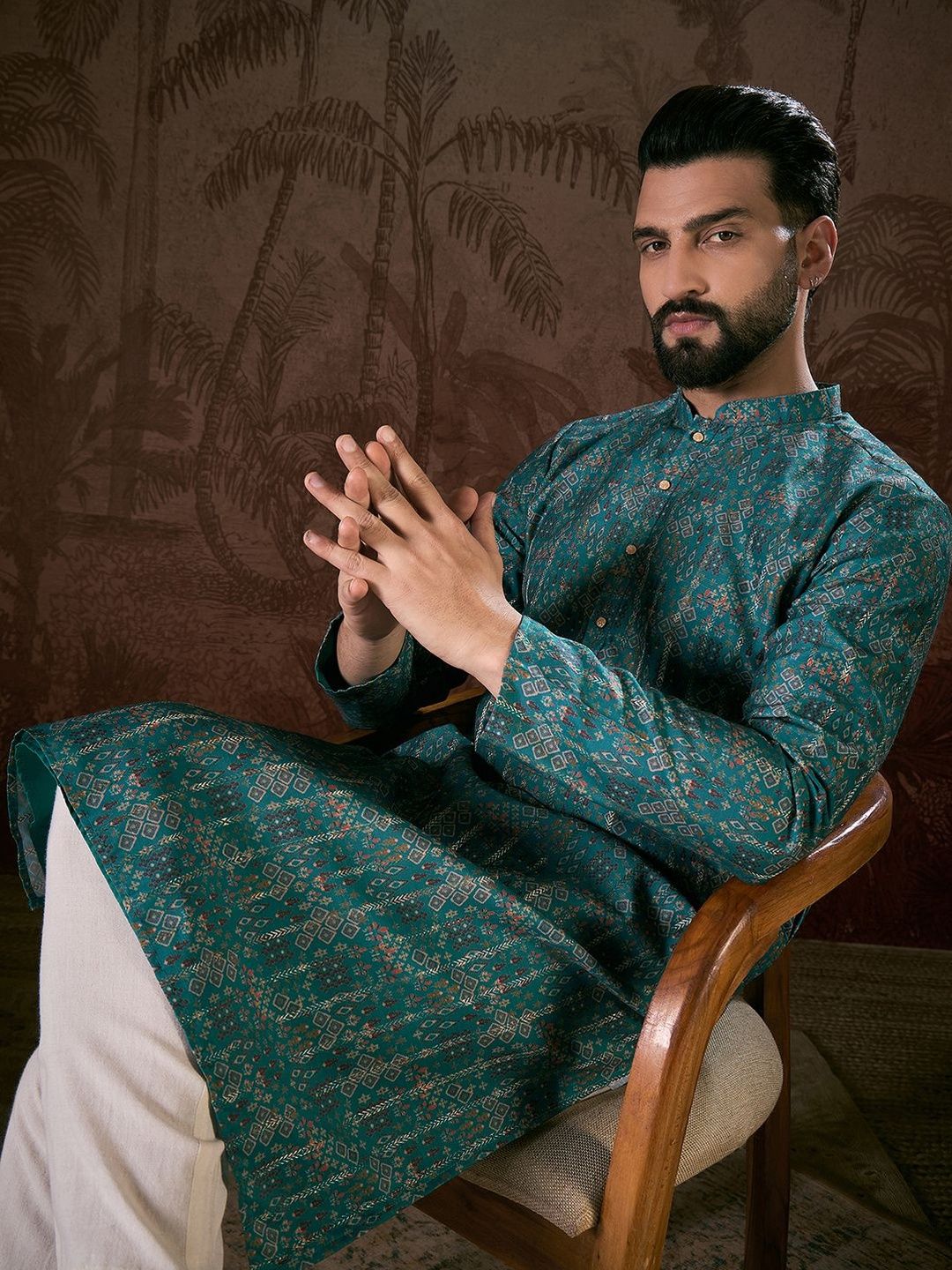 House of Pataudi Printed Mandarin Collar Knee Length Straight Kurta