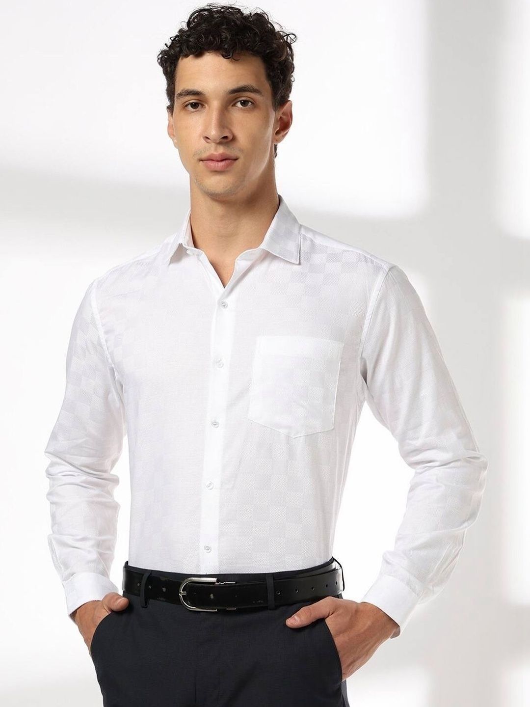 John Players Men's Cotton Regular Fit Shirt With Chest-Pocket