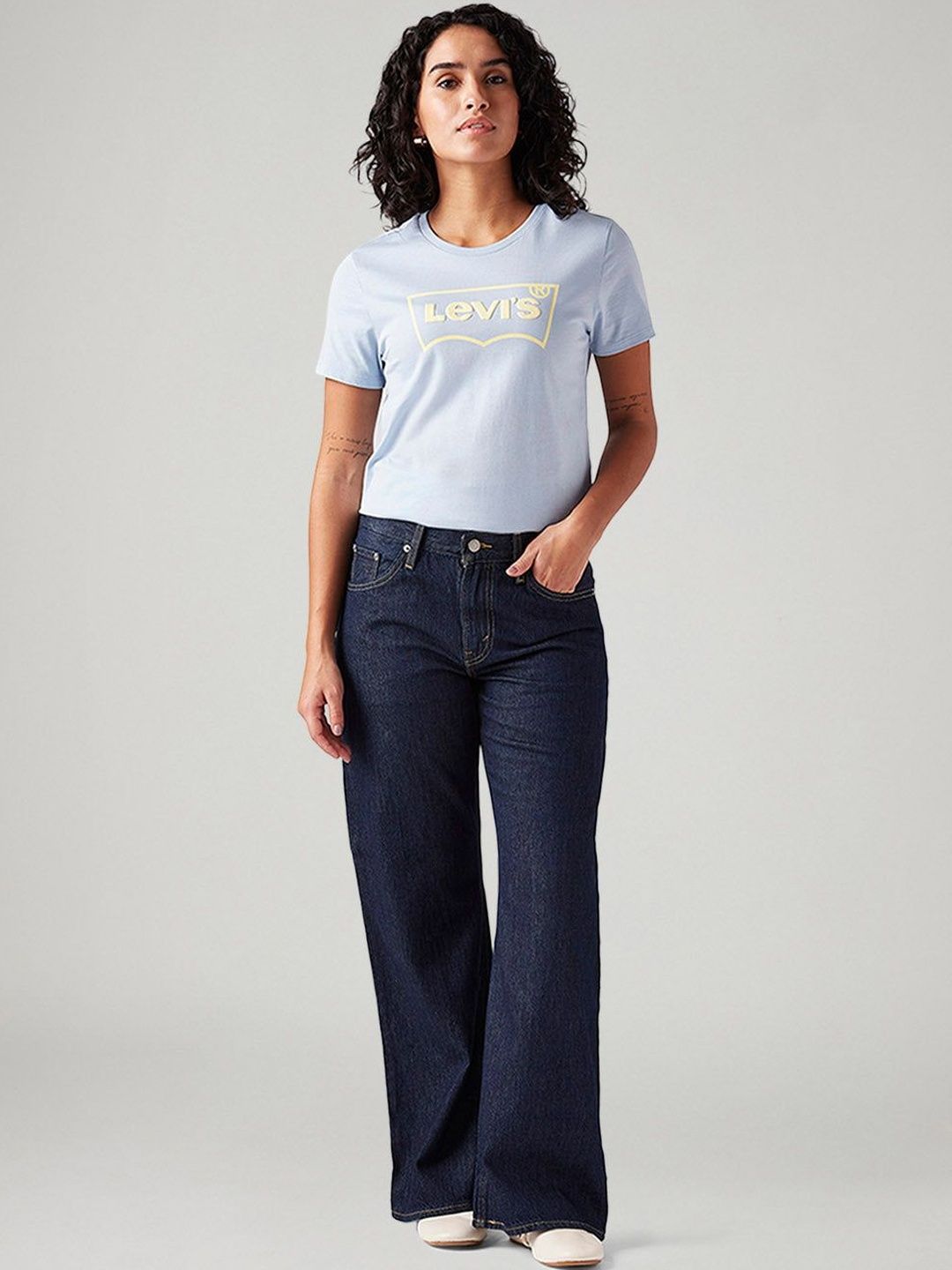 Dark-Blue Loose Bootcut Fit Mid Rise Jeans