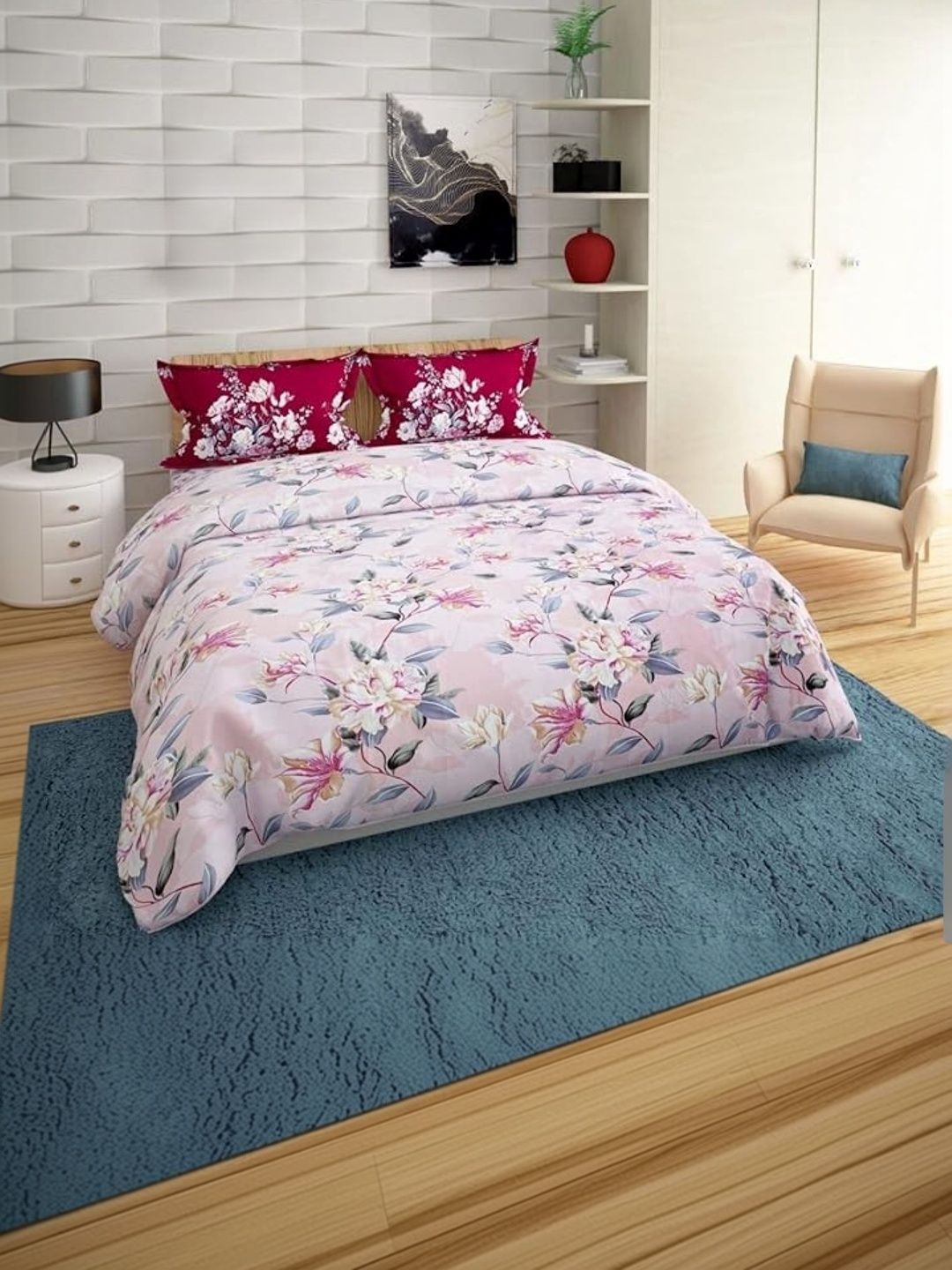 NeLeo Pink & Red Floral 300 TC King Bedsheet with 2 Pillow Covers